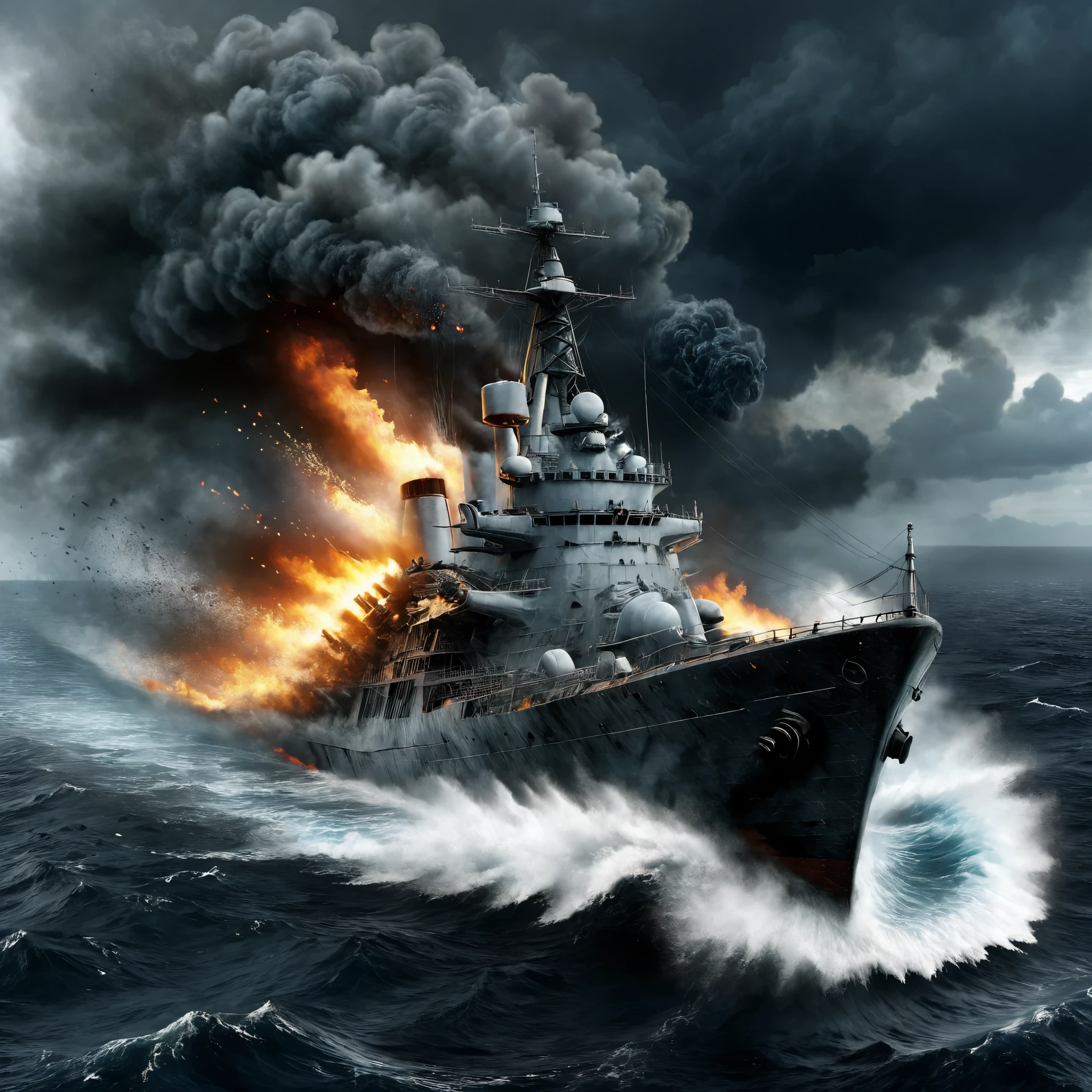 a sinking military cruiser,(best quality,ultra-detailed,realistic,highres),modern warship,sinking,stormy sea,damage,huge waves,dark clouds,desperation,chaos,explosions,smoke and fire,ominous atmosphere,(long distance view, aerial view)