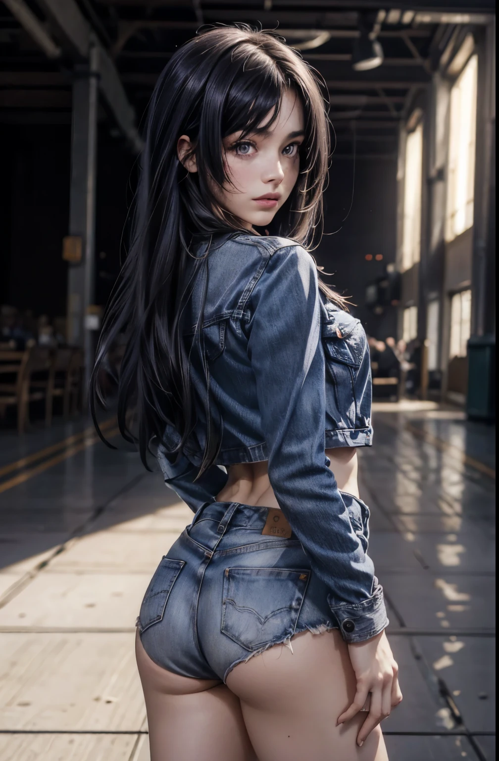 8k, (stand:1.3), slim and fit young girl, perfect medium breast, slim waist, long dark purple straight hair, a lock of hair hides the right eye, burn scar, burn mark on right side of face and body, very tight sexy denim outfit, short shorts, short jacket, cropped t-shirt, holds his hands behind his back, carefully drawn hands, simple white background, (hands on own ass:1.3)
