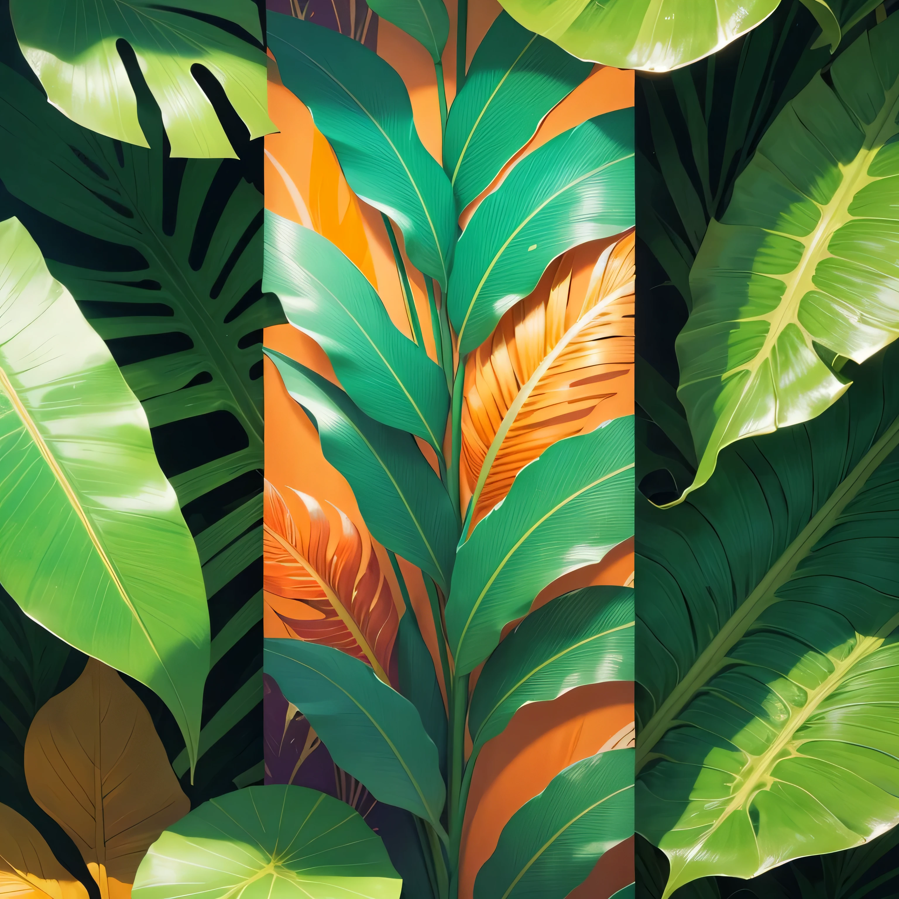 tropical ornament, tropical taro leaf, palm leaf, ultra hd, cyan and orange color, wallpaper.