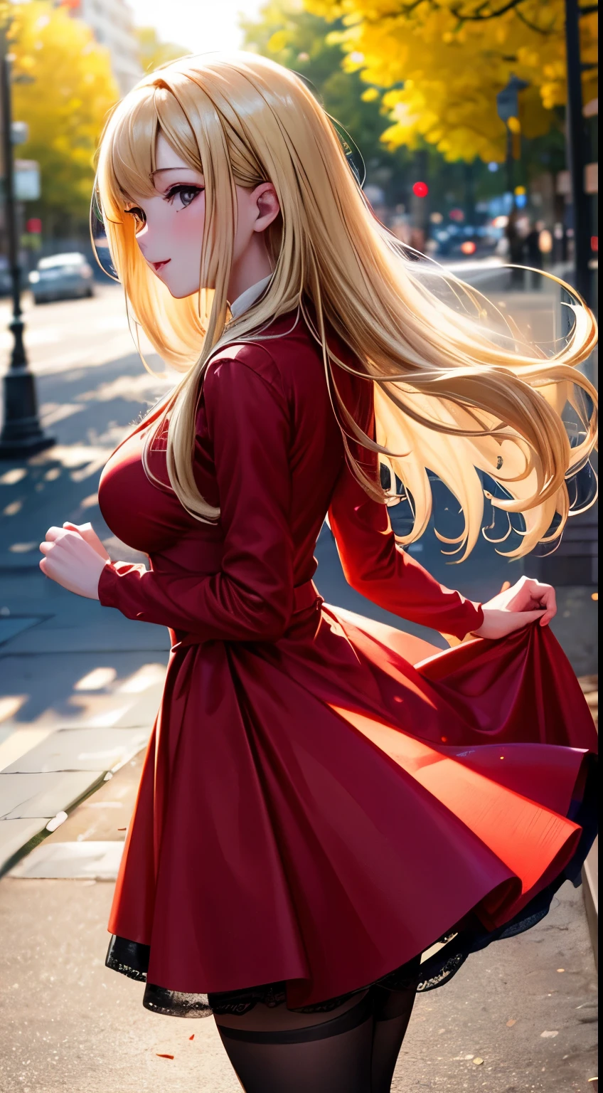 Full HD, Super detailed, high quality, master likes it, Bokeh, woman, 30 years, stockings, red midi dress, compensate, noon, sunlight, fun, Lens flare,long hair,blonde