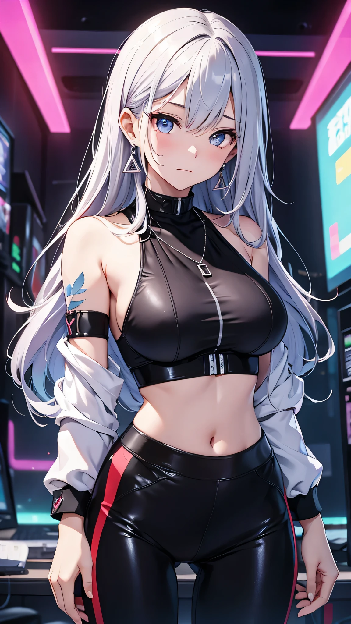 最high quality、best image quality、masterpiece、girl((20-year-old、 By becoming、vest bust、medium bust,wide open breast tea、shining eyes, silver hair、long hair、thin,highest valley、black sports bra、black sports pants、shoulder tattoo,diamond earrings、Wristband、black jacket、necklace、forward leaning movement、shy、troubled face)),high quality、beautiful art、background((Virtual space、neon lighting、neon light、Live feeling))、Flight、debris flies、Depth of written boundary、movie、visual art、perfect art、8K,genuine、Dynamic Performance