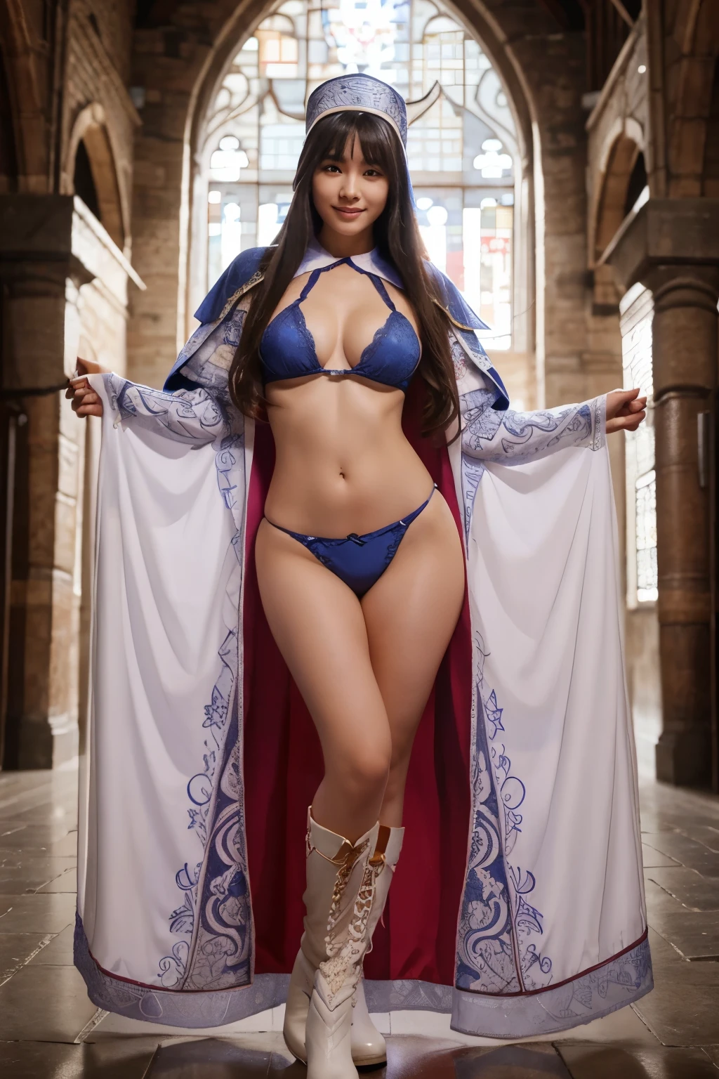 Sexy blue bikini underwear, Bikini with patterns, high cut briefs, perspective, Lace style, blue priest cloak, blue priest hat, The priest&#39;s hat has intricate patterns, sexy dress, super huge , long hair, long legs, put on boots, standing posture, hide hands, Korean woman beautiful face, Smiling role play, Enhance sexy level, clothes turn blue, perspective內衣內褲
