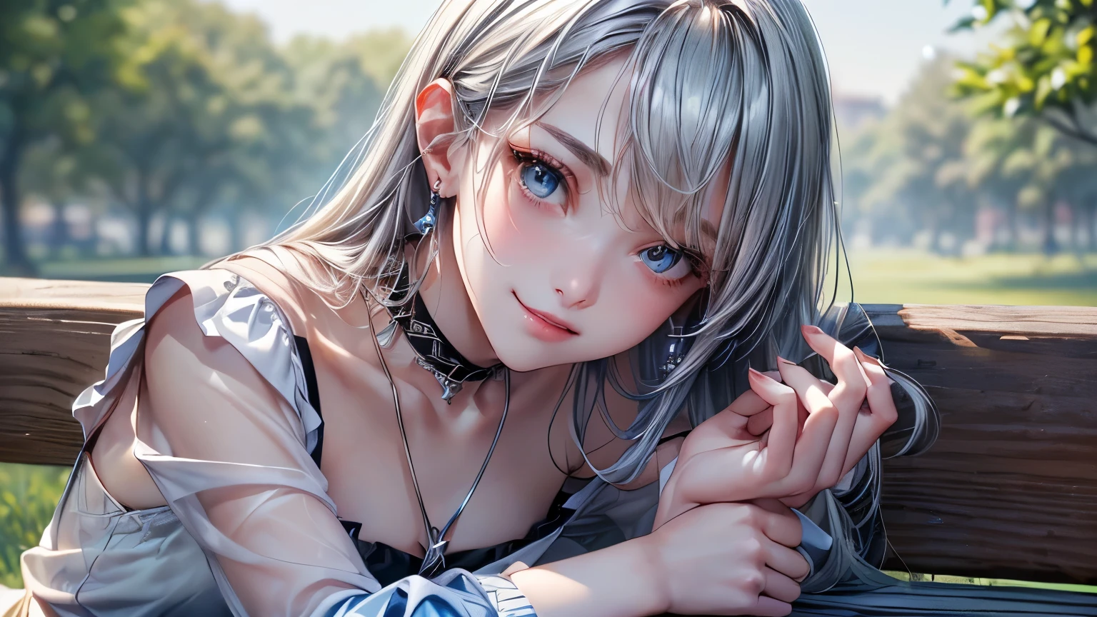 ((Biologically correct number of limbs))、(( Photo including face))、4K、masterpiece、((focus on the face))、((Symmetrical facial features))、Eyes of minute description、Beautiful woman、outstanding style、beautiful clavicle、beautiful legs、slender body、(small ass、thin thighs)、(black garter stockings、high heels)、Detailed depiction of faces、small earrings、necklace、Low - Angle、(Upper body shirt、lower body skirt)、Lying on a park bench、close up of face、lighting to the face、smile、The fingers of one hand are5Book、blue-silver hair、