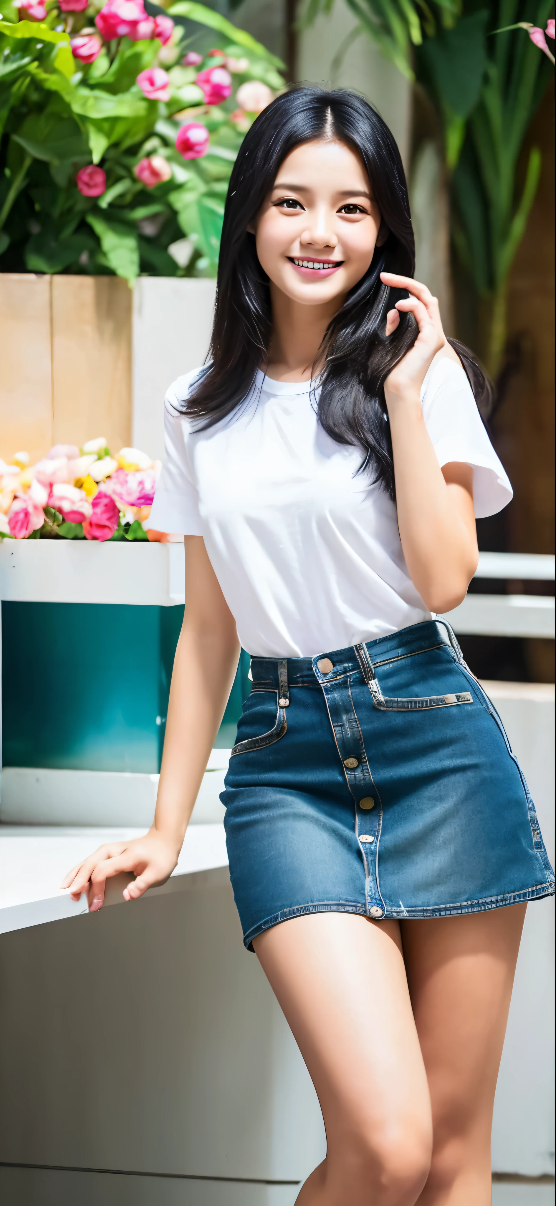 1 girl, indonesian girl, 23 years old, (black hair semi-long)(beautiful hair), actress, smile, shiny skin, best quality, masterpiece, (photorealistic:1.4), terrace seating, asian, indonesian, Central Java, semarang, denim mini skirt (realistic fabric), white short sleeves (cotton fabric), (no logo), thin fingers