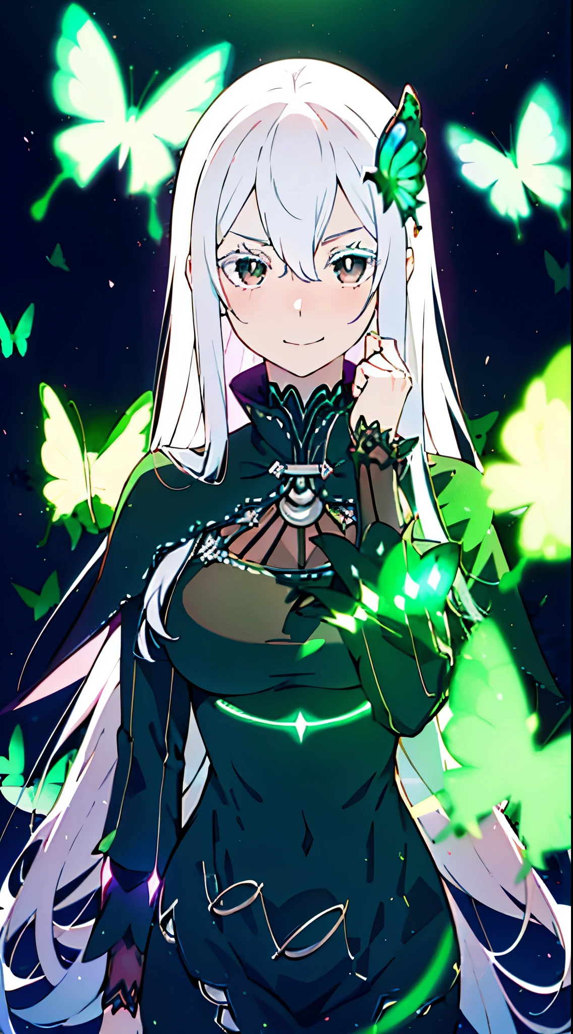 confused, High resolution, Super detailed, echidna, brown eyes, medium breasts, butterfly hair ornament, (colored eyelashes:1.1), capelet, black dress, long sleeve, looking at the viewer, evil smile, another world color, surreal landscape, invisible light, fantastic shine, neon green glow, bright colors, ghostly effect