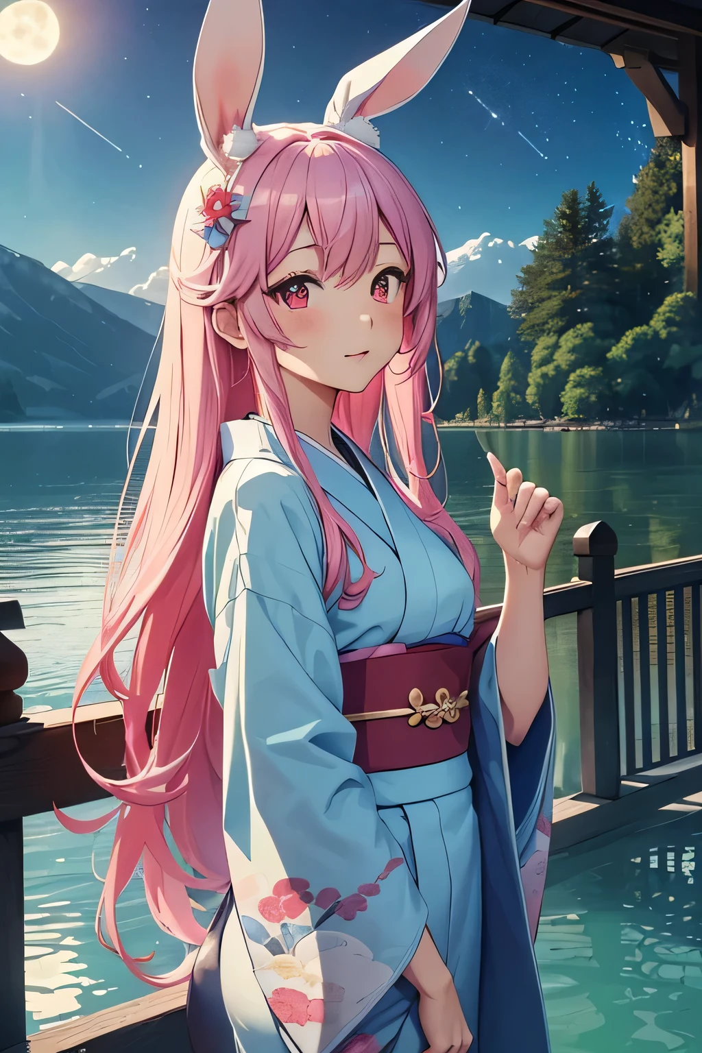 (((masterpiece, scenery, lake))), Japanese gate in lake, reflection, (((aesthetic))), 1girl, beautiful, ((light blue kimono)), (red eyes, vibrant pink long hair), tsundere, (bunny ears), (close-up angle), night sky, (moonlight), shooting star, girl looking at viewer, more_details:-1, more_details:0, more_details:0.5, more_details:1, more_details:1.5,