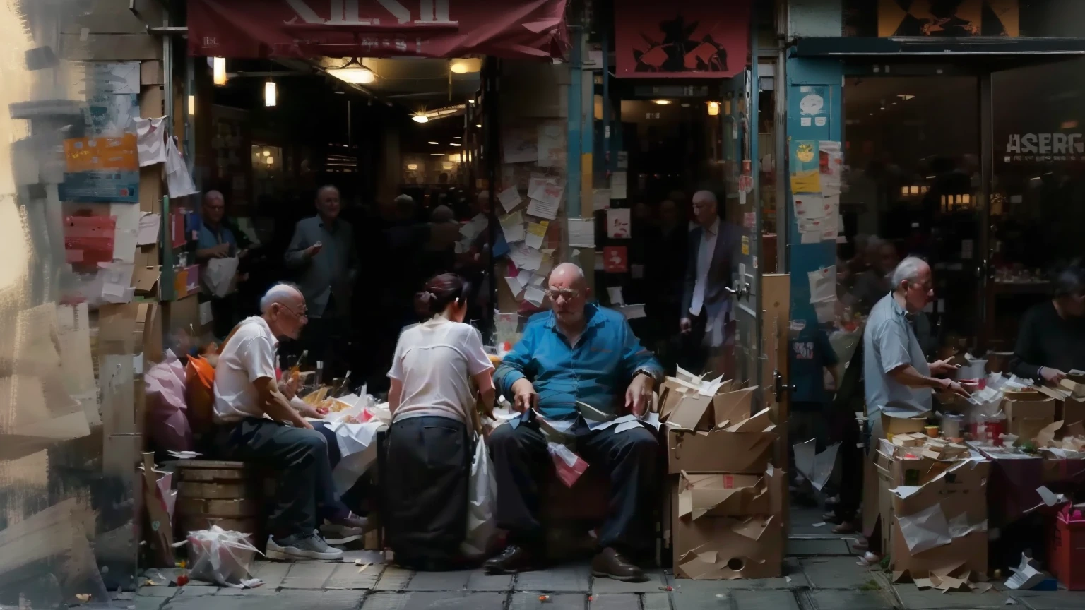 到处都是passers-by, people shopping, urban street fashion, clothing store, streetwear, looks smart, shop, bike，motorcycle, on city streets, passers-by，pedestrian，People who ride bicycles，oil painting style，person walking from left to right