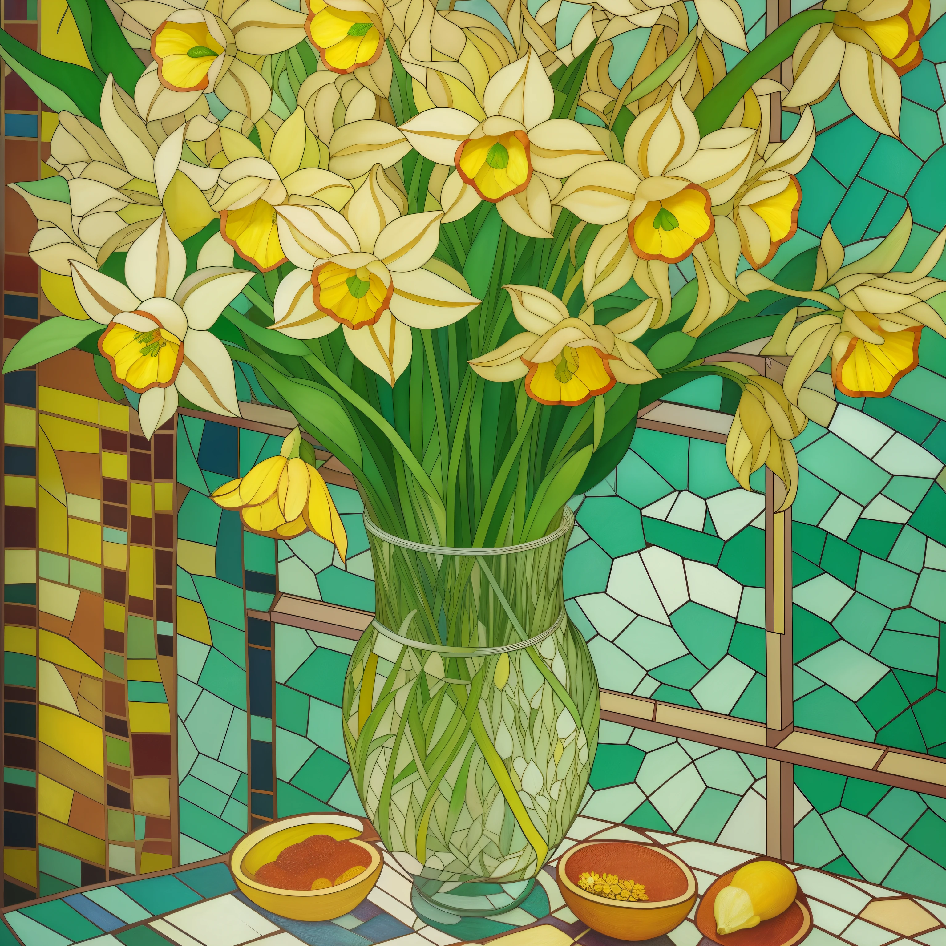 painting of a vase of yellow flowers on a table with a window, maxim verehin stained glass, daffodils, inspired by Louis Comfort Tiffany, oil painting in a modern style, by Meredith Dillman, stained glass art, by Echo Chernik, in style of van gogh, inspired by Janet Fish, inspired by Mikhail Vrubel, inspired by Vincent Di Fate