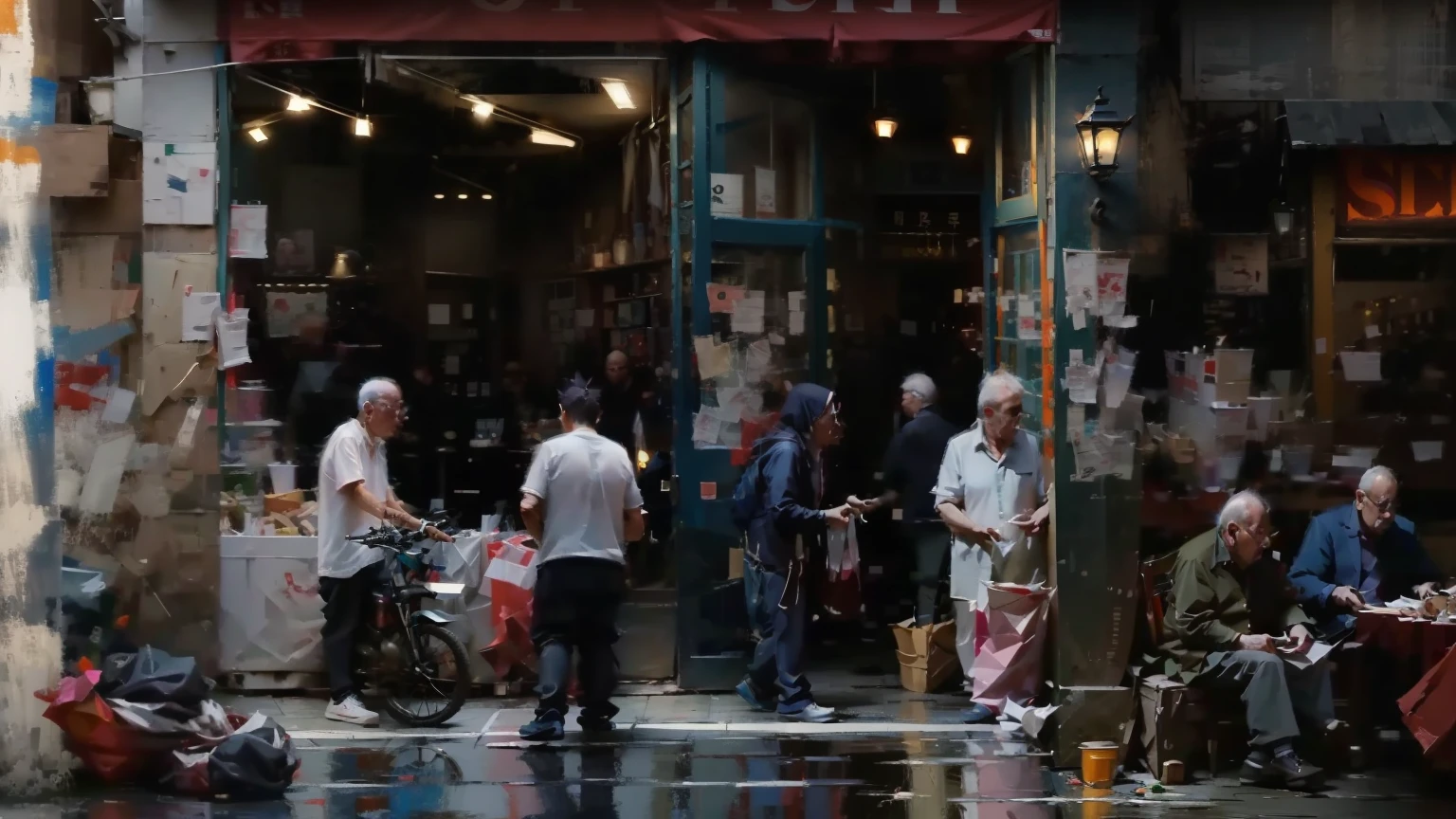 到处都是passers-by, people shopping, urban street fashion, clothing store, streetwear, looks smart, shop, bike,motorcycle, on city streets, passers-by,pedestrian,People who ride bicycles,oil painting style,person walking from left to right