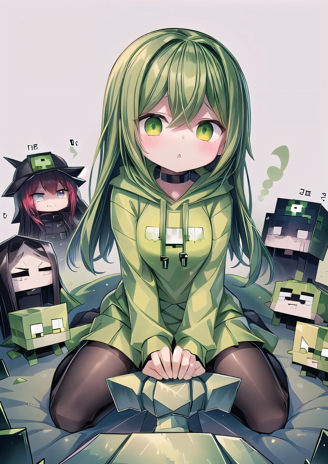 One wearing a green hoodie、Cartoon image of girl holding green ax, Creeper, Creepers, minecraft Creeper, Creep, minecraft Creeper in real life, ❤🔥🍄🌪, Japanese cartoons!!!!!!!!!!!!!!!, my world风格, !!!!!!!!!!!!!!!!!!!!!!!!!, Creeper world, ((Zerat)), Official fan art, Crypt Lurkers!!, Creepy kawaii, my world