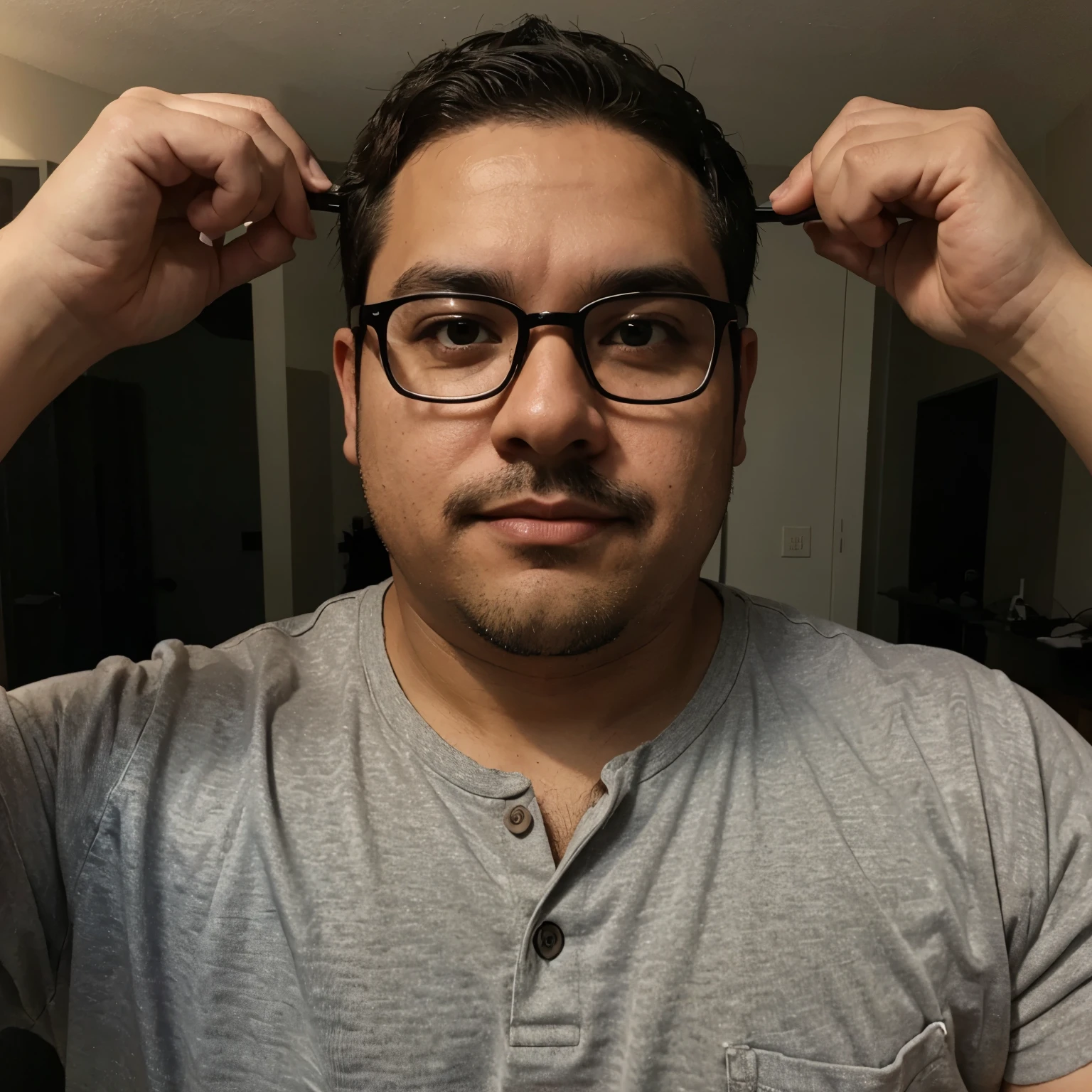 Selfie of an adult men, overweight, black glasses, hispanic