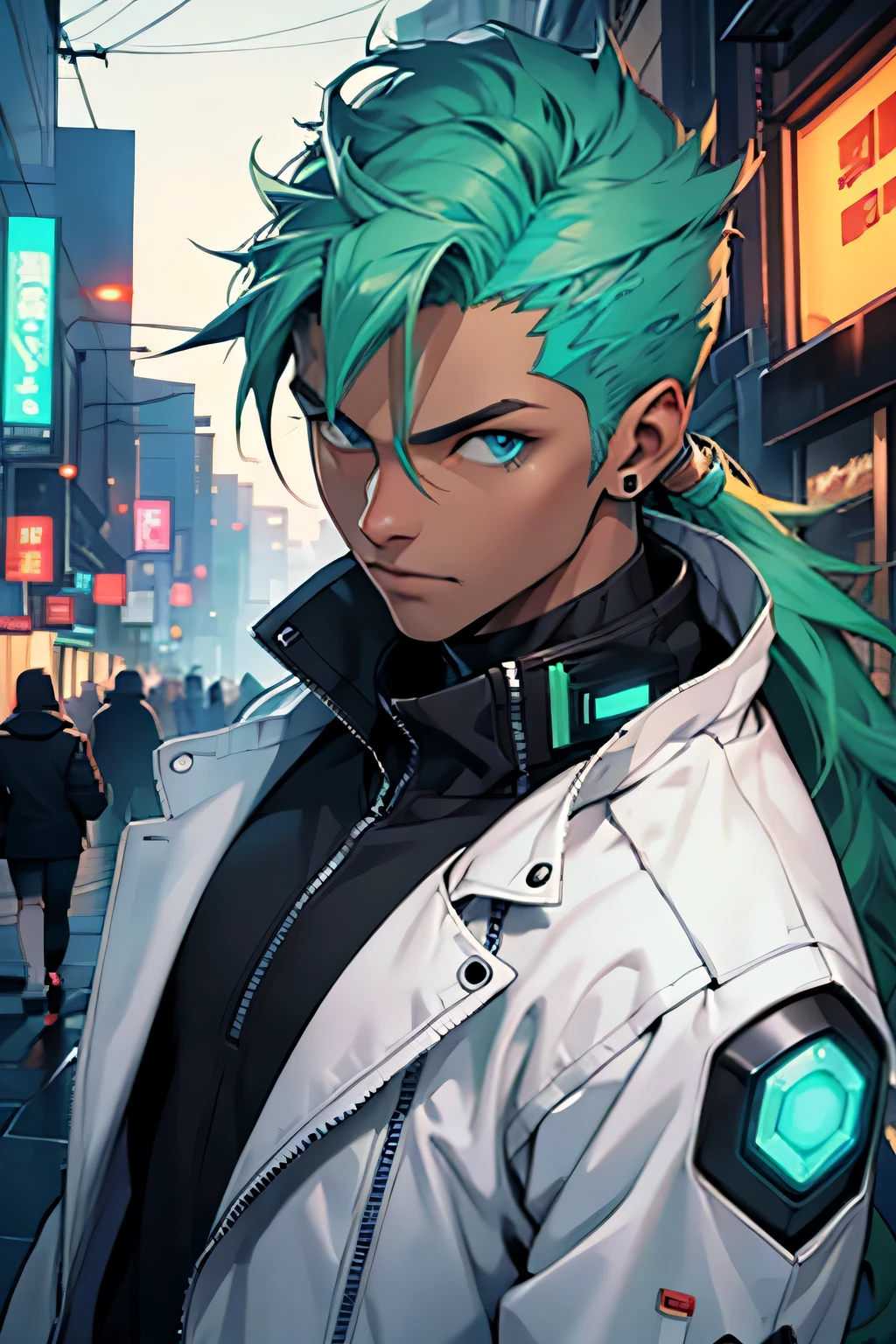 homem, cabelo verde, olhos azuis, pele levemente bronzeada, cyber punk city background at night, forte, jaqueta branca, blusa preta