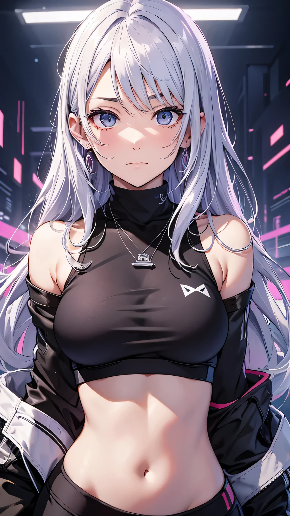最high quality、best image quality、masterpiece、girl((20-year-old、 By becoming、vest bust、medium bust,wide open breast tea、shining eyes, silver hair、long hair、thin,highest valley、black sports bra、black sports pants、shoulder tattoo,diamond earrings、Wristband、black jacket、necklace、forward leaning movement、shy、troubled face)),high quality、beautiful art、background((Virtual space、neon lighting、neon light、Live feeling))、Flight、debris flies、Depth of written boundary、movie、visual art、perfect art、8K,genuine、Dynamic Performance