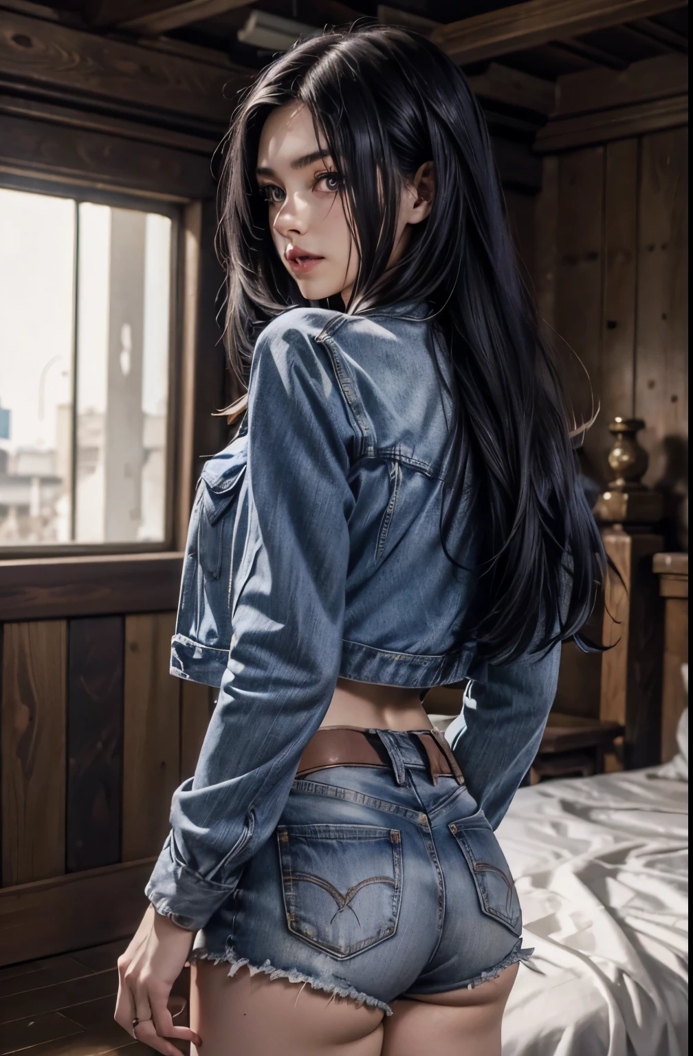 8k, (stand:1.3), slim and fit young girl, perfect medium breast, slim waist, long dark purple straight hair, a lock of hair hides the right eye, burn scar, burn mark on right side of face and body, very tight sexy denim outfit, short shorts, short jacket, cropped t-shirt, holds his hands behind his back, carefully drawn hands, simple white background, (hands on own ass:1.3) 