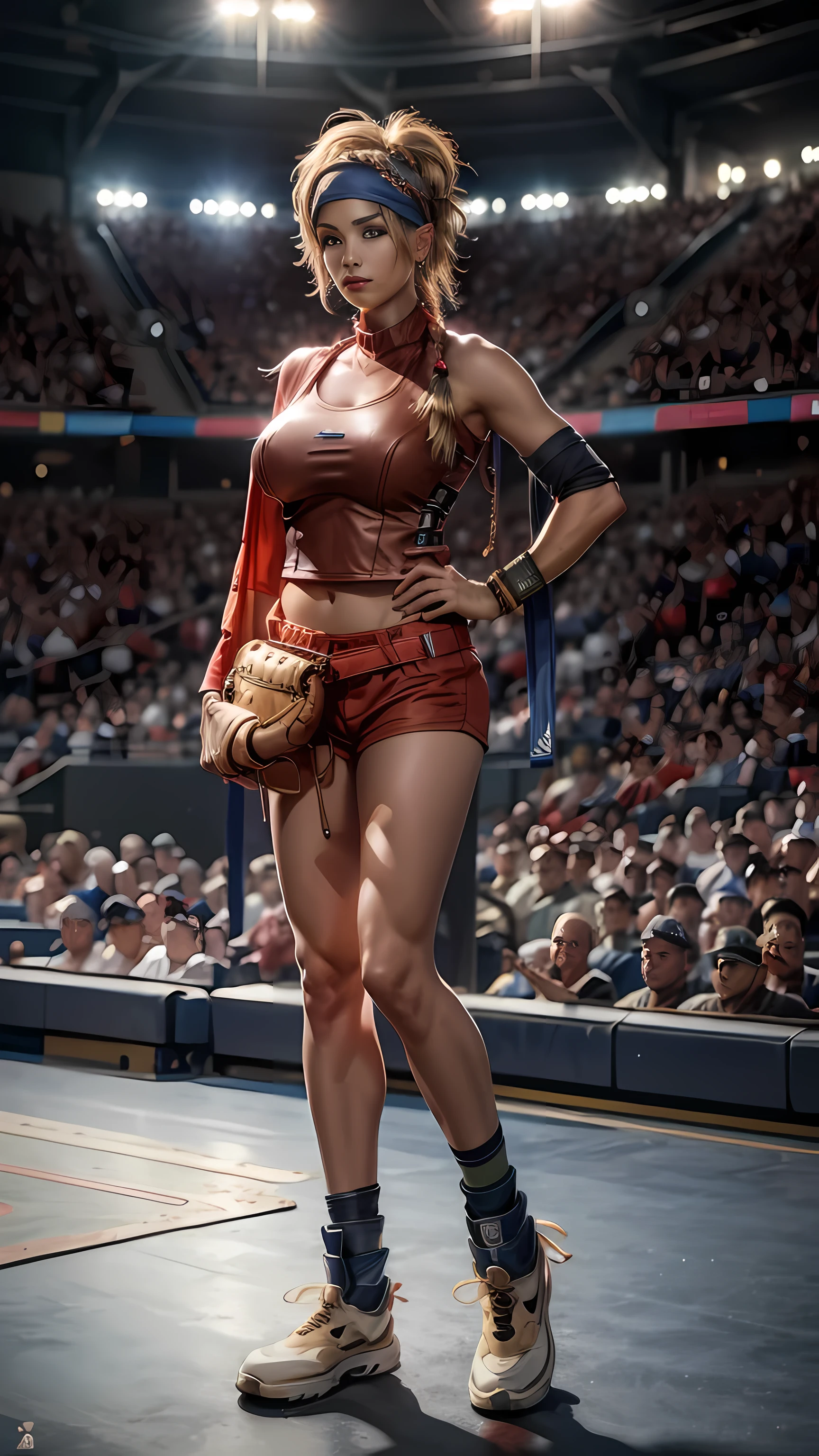 Rikku, (baseball outfit), short bobbed hair, red bandana around her neck, blue bandana hair, baseball outfit, (full body), baseball stadium, looking at camera, hair bow, bracelet, (masterpiece, best quality, highres, absurdres, ultra-detailed:1.2), (detail skin texture, ultra-detailed body:1.1), RAW photo, (high detailed skin:1.2), 8k uhd, dslr, (large breast:1.4)