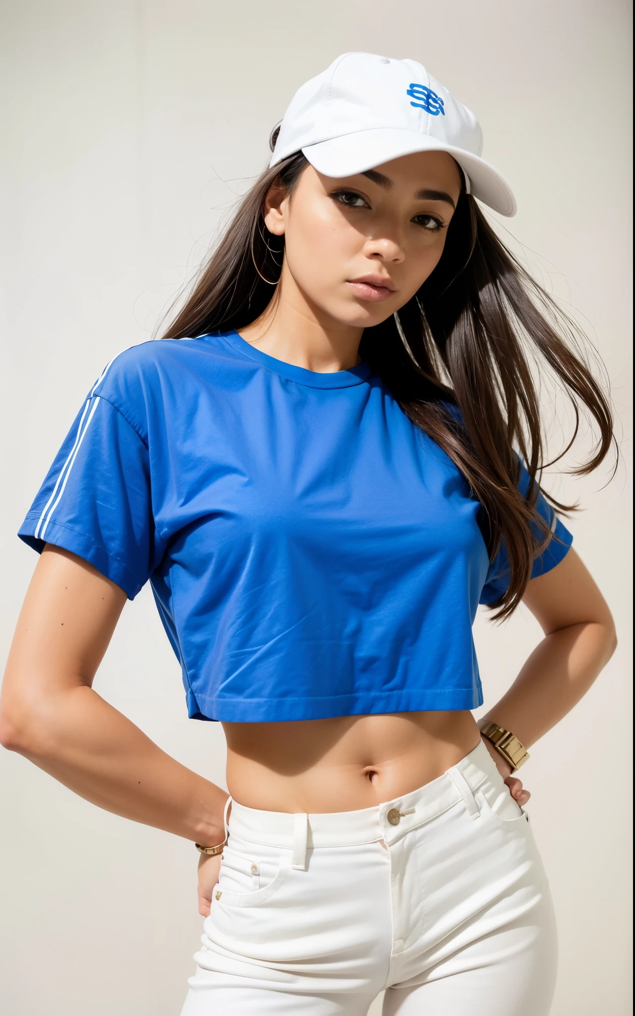 a close up of a woman wearing a blue corte superior and white moleton pants, camiseta azul justa, com camiseta rasgada, corte superior, corte superior, camisa azul, vestindo um top cortados, vestindo um top cortado, wearing corte superior, roupas azuis, usando um top cropped sexy, Roupa casual, roupa azul, roupas azuis, manga larga cropped, wearing a corte superior