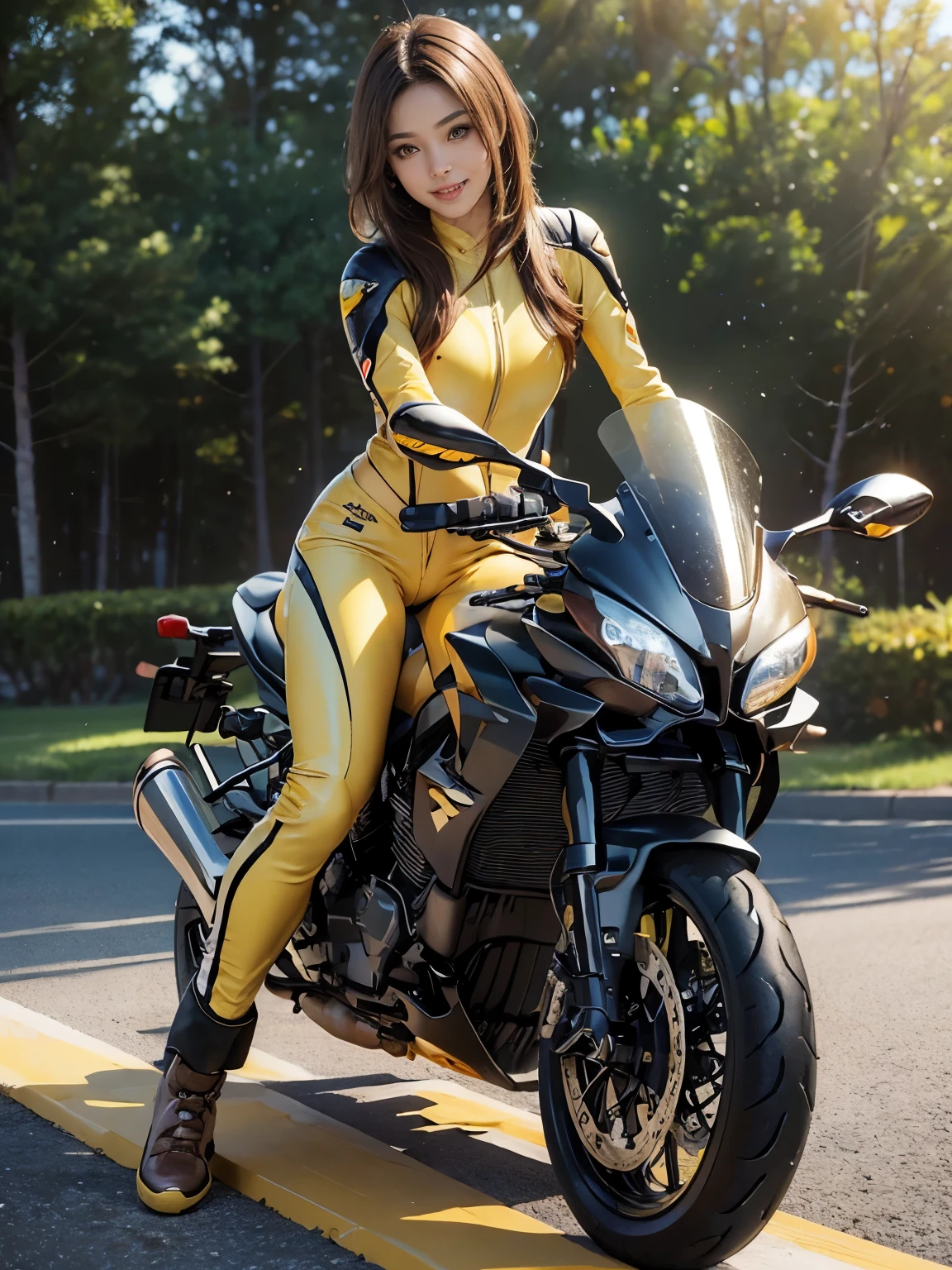 (dynamic podium: 1.3), (realistic:1.5), (realistic:1.4), 8K, Super high definition beautiful girl, 1 female, 30 years old, (a sunny day:1.5), intricate body details, (short: 1.3), (highest quality: 1.0), (Super high sharpness: 1.0), (thin hair:1.4),(Beautiful and delicate depiction of eyes),((((riding a motorcycle)))),unreal engine:1.4,photorealistic:1.4, skin texture:1.4, masterpiece:1.8,highest quality at best,full body shot、(((Yellow rider suit and long pants)))、long limbs、smile、((brown hair))