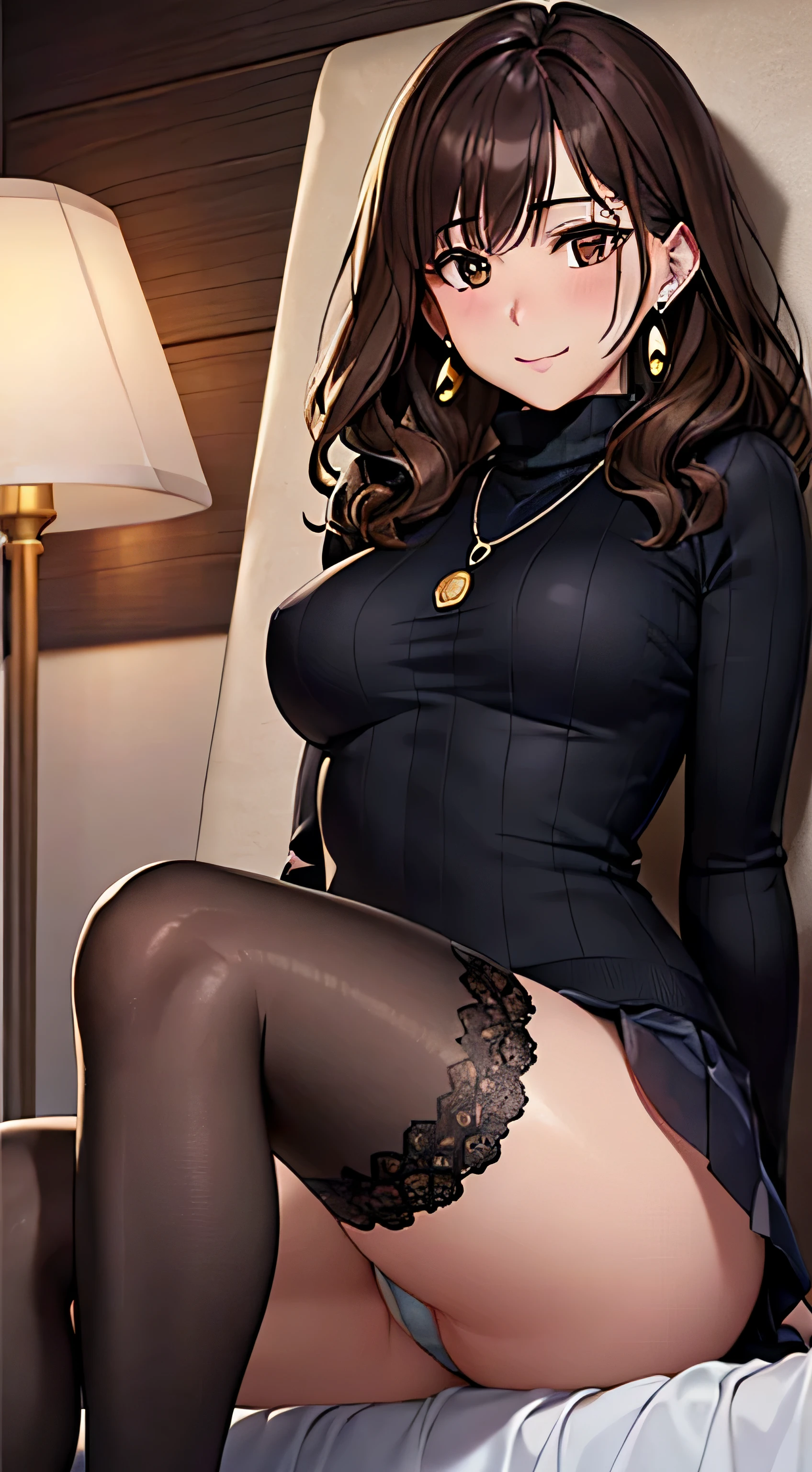 (table top, highest quality, High resolution, , perfect pixel, 4k,), 1 girl, single, alone, Beautiful woman、I could see the whole body、 ((wavy mid-length hair, bangs, brown hair)), ((brown eyes, beautiful eyelashes, realistic eyes)), ((detailed face, blush:1.2)), ((smooth texture:0.75, realistic texture:0.65, realistic:1.1, Anime CG style)), soft chest, dynamic angle, perfect body, ((,, , earrings、necklace、turtleneck sweater、long pleated skirt、black knee high stockings、open both legs wide、open both knees、shy smile)),、、、、(luxury hotel bed、sleep on your back)、、Close your chest with both arms、(You can see the light blue lace panties))、angle from below)、