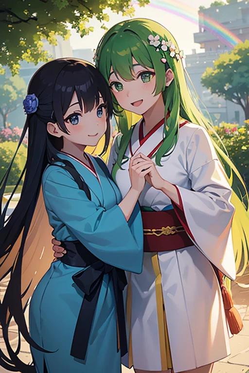 Title: Rainbow of Love Description: This image depicts a serene scene set against a backdrop of a vibrant rainbow stretching across the sky. In the foreground, a couple stands hand in hand, surrounded by lush greenery and blooming flowers. The atmosphere exudes love and tranquility as the couple gazes into each other's eyes with affection. The characters are portrayed in a classic 2D Japanese anime style, with expressive eyes and gentle smiles. The sunlight filters through the leaves, casting a warm glow on their faces, emphasizing the intimacy of the moment. The rainbow arches gracefully overhead, its colors blending harmoniously and symbolizing the depth and beauty of the couple's love. Each hue is vivid and distinct, creating a breathtaking spectacle against the azure sky. The overall composition radiates warmth, happiness, and a sense of connection, capturing the essence of the heartfelt message conveyed in the accompanying text.