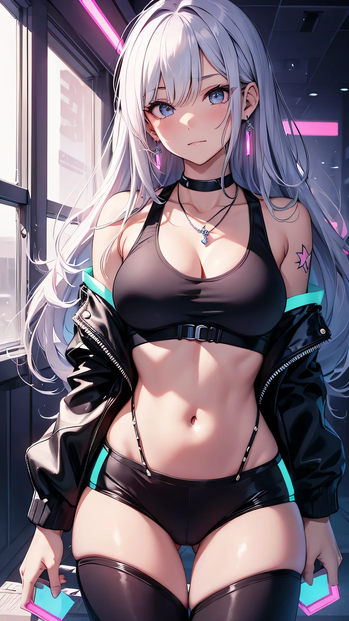 最high quality、best image quality、masterpiece、girl((20-year-old、 By becoming、vest bust、medium bust,wide open breast tea、shining eyes, silver hair、long hair、thin,highest valley、black sports bra、black sports pants、shoulder tattoo,diamond earrings、Wristband、black jacket、necklace、forward leaning movement、shy、troubled face)),high quality、beautiful art、background((Virtual space、neon lighting、neon light、Live feeling))、Flight、debris flies、Depth of written boundary、movie、visual art、perfect art、8K,genuine、Dynamic Performance