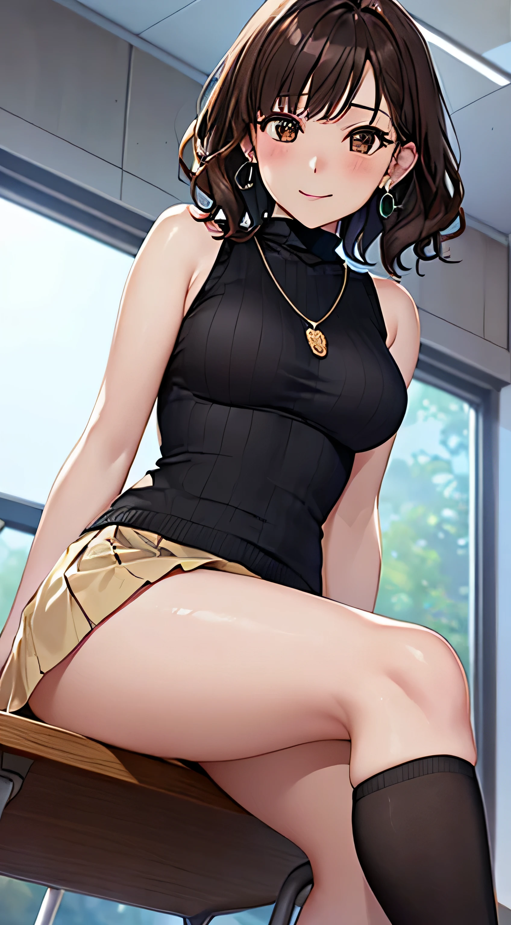 (table top, highest quality, High resolution, , perfect pixel, 4k,), 1 girl, single, alone, Beautiful woman、I could see the whole body、 ((wavy short hair, bangs, brown hair)), ((brown eyes, beautiful eyelashes, realistic eyes)), ((detailed face, blush:1.2)), ((smooth texture:0.75, realistic texture:0.65, realistic:1.1, Anime CG style)), medium breasts, dynamic angle, perfect body, ((, female teacher, , earrings、necklace、((Beige turtleneck sleeveless sweater))、Long flared skirt in dark blue、black knee high stockings、open both legs wide、、shy smile、sit at the desk in the library、lift up the skirt with both hands)), Upper grade、、、evening、、(Pink lace panties are visible、、、angle from below)、