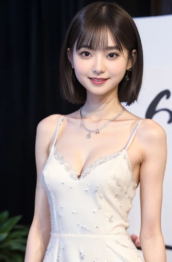 best quality, detailed, beautiful, insanely detailed, absurdres,perfect anatomy,
Japanese woman,black hair,27 years old,
(slender),
(small breasts),
smiling, standing, facing right, short hair, (gorgeous cream long party dress:1.1),(cleavage:0.9), small necklace, piercing, party venue, (full body shot:1.2)