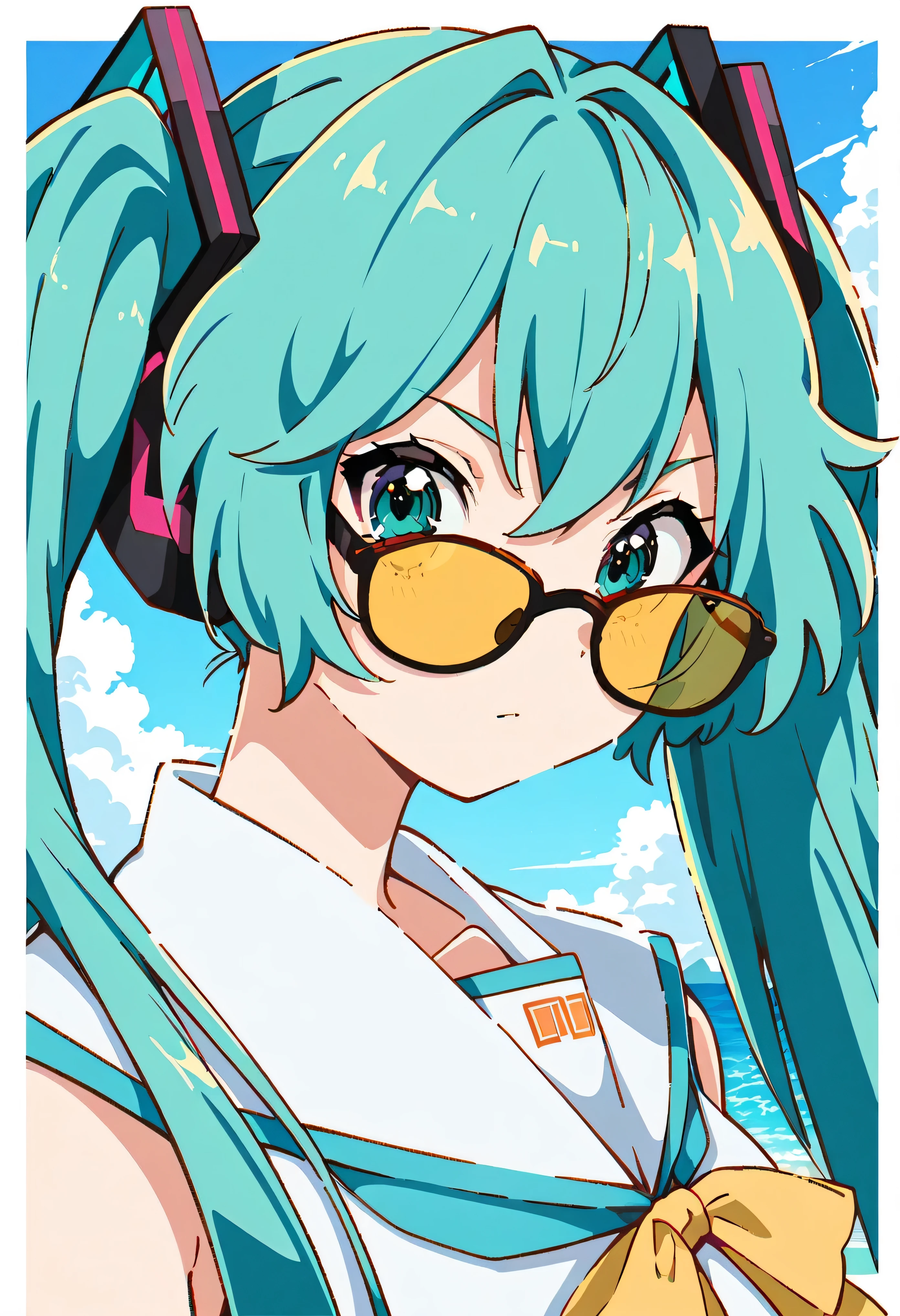 Anime girl with blue hair and sunglasses standing on the beach, Anime drawn by Kentaro Miura, It's trending on pixiv, serial art, teal hair anime girl, mikudayo, Hatsune Miku short hair, portrait of Hatsune Miku, anime style 4k, 2D anime style, Hatsune Miku, Vocaloid, Cyan and orange