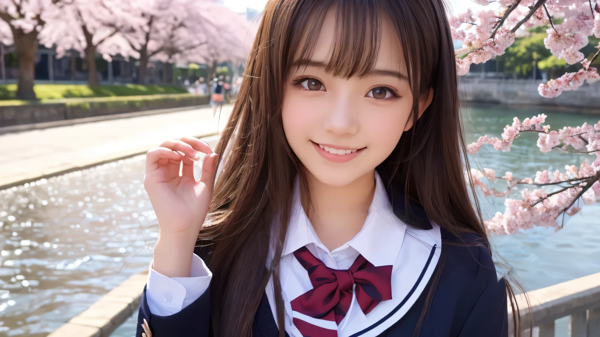 (1 girl), 18-year-old, (big round eyes), cute smile, brown eyes, (high school uniform:1.2), (highest quality: 1.4), (Super detailed), (highest quality:1.4), (Super detailed), evening, very high resolution, (Upper body), close up face, school anime, anime illustration, Cherry tree, (street, city, River side)