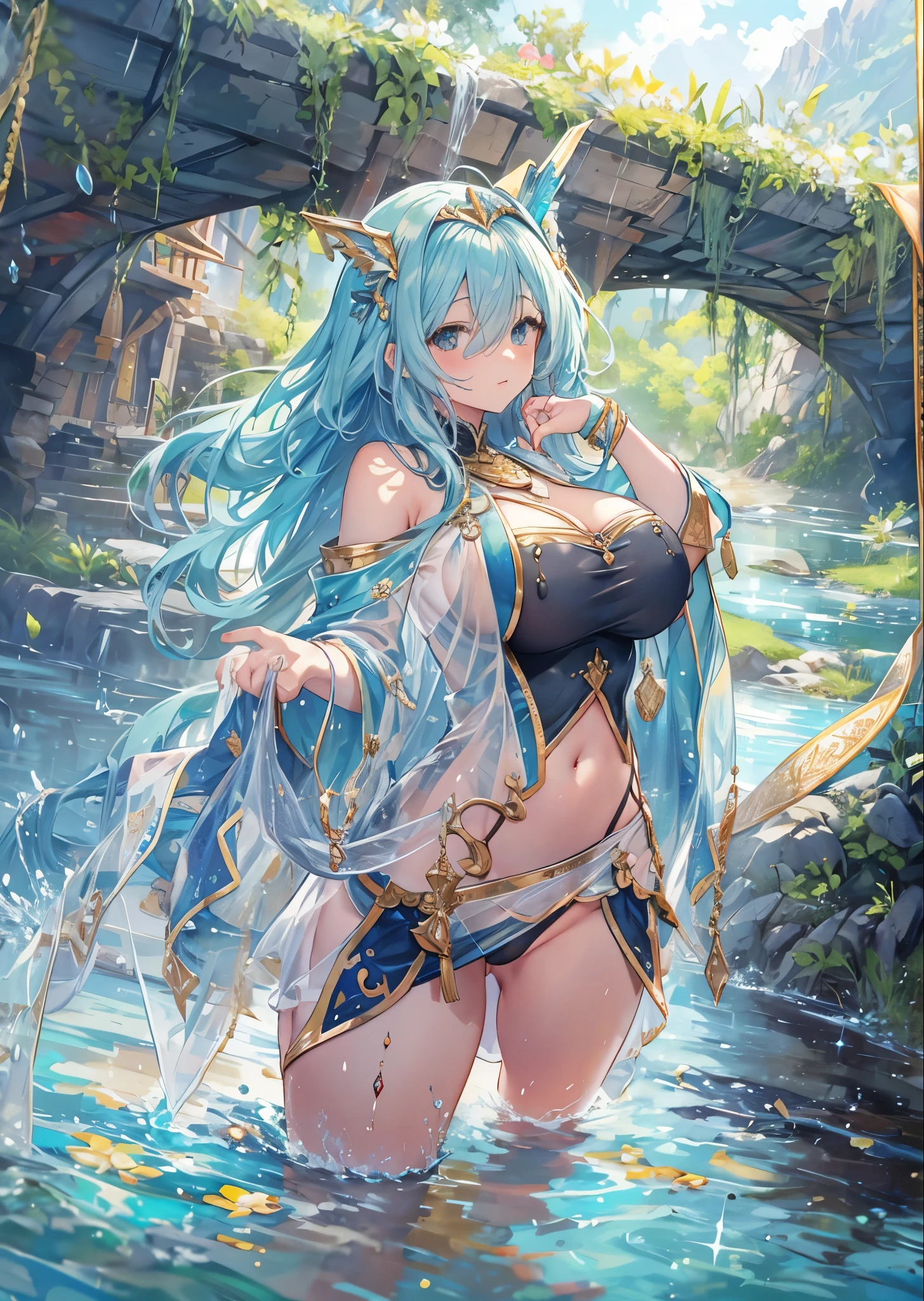 fantasy, 1lake_elemental_girl,(right_skin:0.9), (using_water_clothes:1.1), water,(wet:1.2),see-through_clothes_covered_breasts, see-through_clothes_covered_pussy,covered_nipples,(soft_large_tits:1.1), walking, smile,half_eyes, sleepy, medium_up_style_hair, navel oil, (water_around_torso:1.1), pondside_background, gold_headgear, aquablue_cloak, spread_arms, large_staff, slender_thighhighs,solo,(pelvic_curtain:1.2), tabard,(plump:0.7),cowboyshot,(open_legs:1.4),pussy,splash