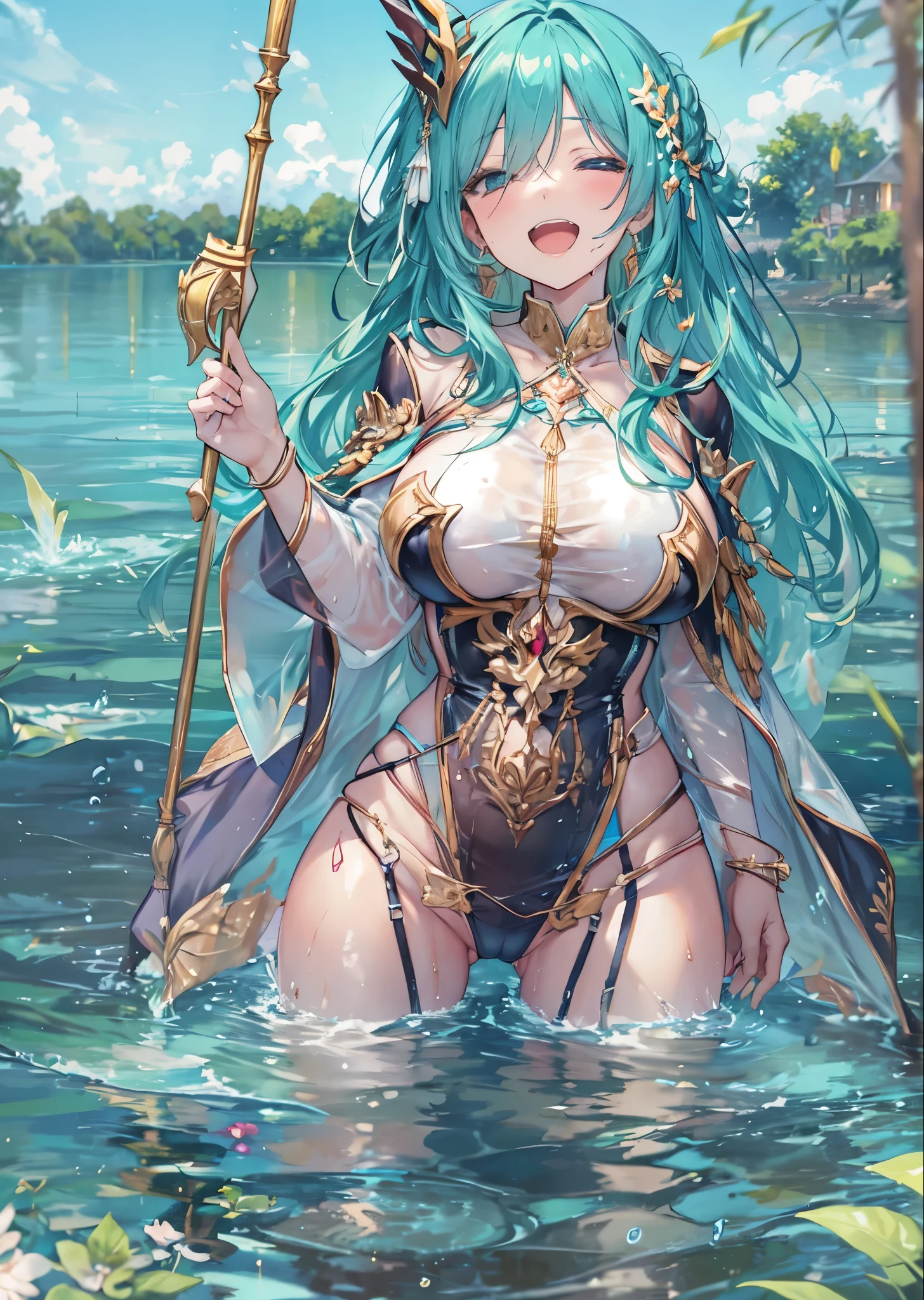 fantasy, 1lake_elemental_girl,(right_skin:0.9), (using_water_clothes:1.1), water,(wet:1.2),see-through_clothes_covered_breasts, see-through_clothes_covered_pussy,covered_nipples,(soft_large_tits:1.1), walking, smile,half_eyes, sleepy, medium_up_style_hair, navel oil, (water_around_torso:1.1), pondside_background, gold_headgear, aquablue_cloak, spread_arms, large_staff, slender_thighhighs,solo,(pelvic_curtain:1.2), tabard,(plump:0.7),cowboyshot,(open_legs:1.4),pussy,splash