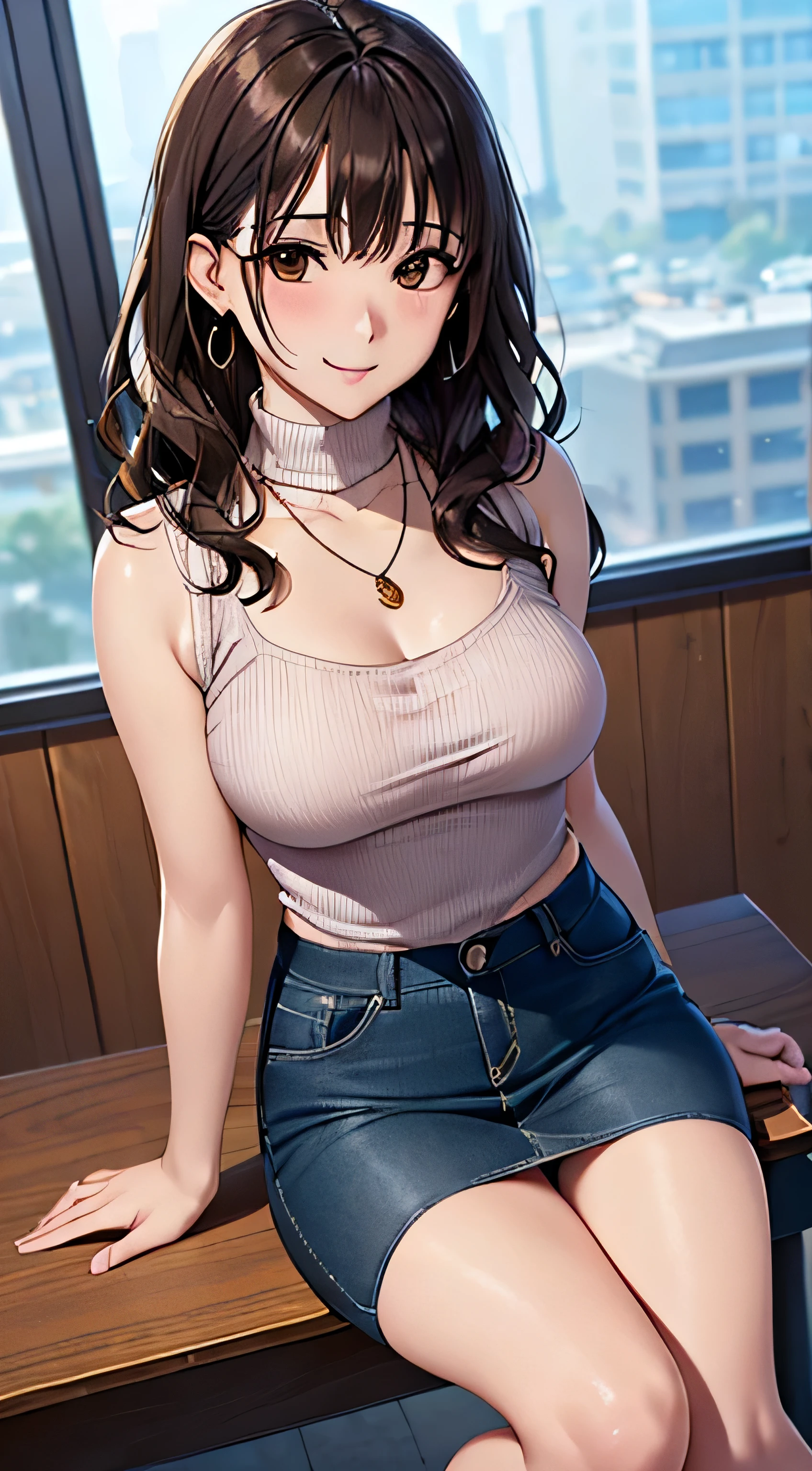 ((Tabletop, Highest quality, High resolution, , Pixel Perfect, 4K,))), 1 female, 、The whole body is visible、 ((Long Wavy Hair, bangs, Brown Hair)), ((Brown eyes, Beautiful eyelashes, Realistic eyes)), ((Detailed face, Blushing:1.2)), ((Smooth texture:0.75, Realistic texture:0.65, Realistic:1.1, Anime CG Style)), Medium sized breasts, Dynamic Angle, Perfect body, (( , , White camisole、No bra、、 Tight Denim Shorts、、)), Gold Hair Ornament、Cross Necklace、、Very embarrassing panic smile, 、、、、、、Nipples are slightly visible、Rub your breasts with both hands、、、、Stick your butt out、Luxurious apartment living room、Lying on the sofa、、Spread your legs、、、、、、 、)、