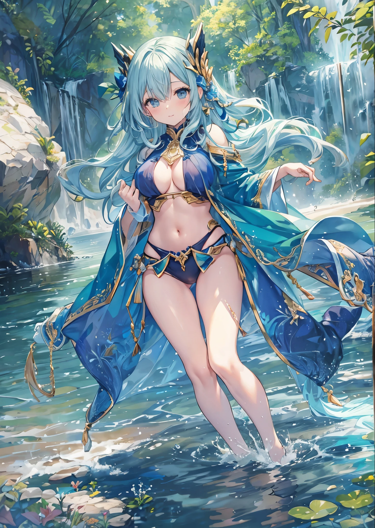 fantasy, 1lake_elemental_girl,(right_skin:0.9), (using_water_clothes:1.1), water,(wet:1.2),see-through_clothes_covered_breasts, see-through_clothes_covered_pussy,covered_nipples,(soft_large_tits:1.1), walking, smile,half_eyes, sleepy, medium_up_style_hair, navel oil, (water_around_torso:1.1), pondside_background, gold_headgear, aquablue_cloak, spread_arms, large_staff, slender_thighhighs,solo,(pelvic_curtain:1.2), tabard,(plump:0.7),cowboyshot,(open_legs:1.4),pussy,splash