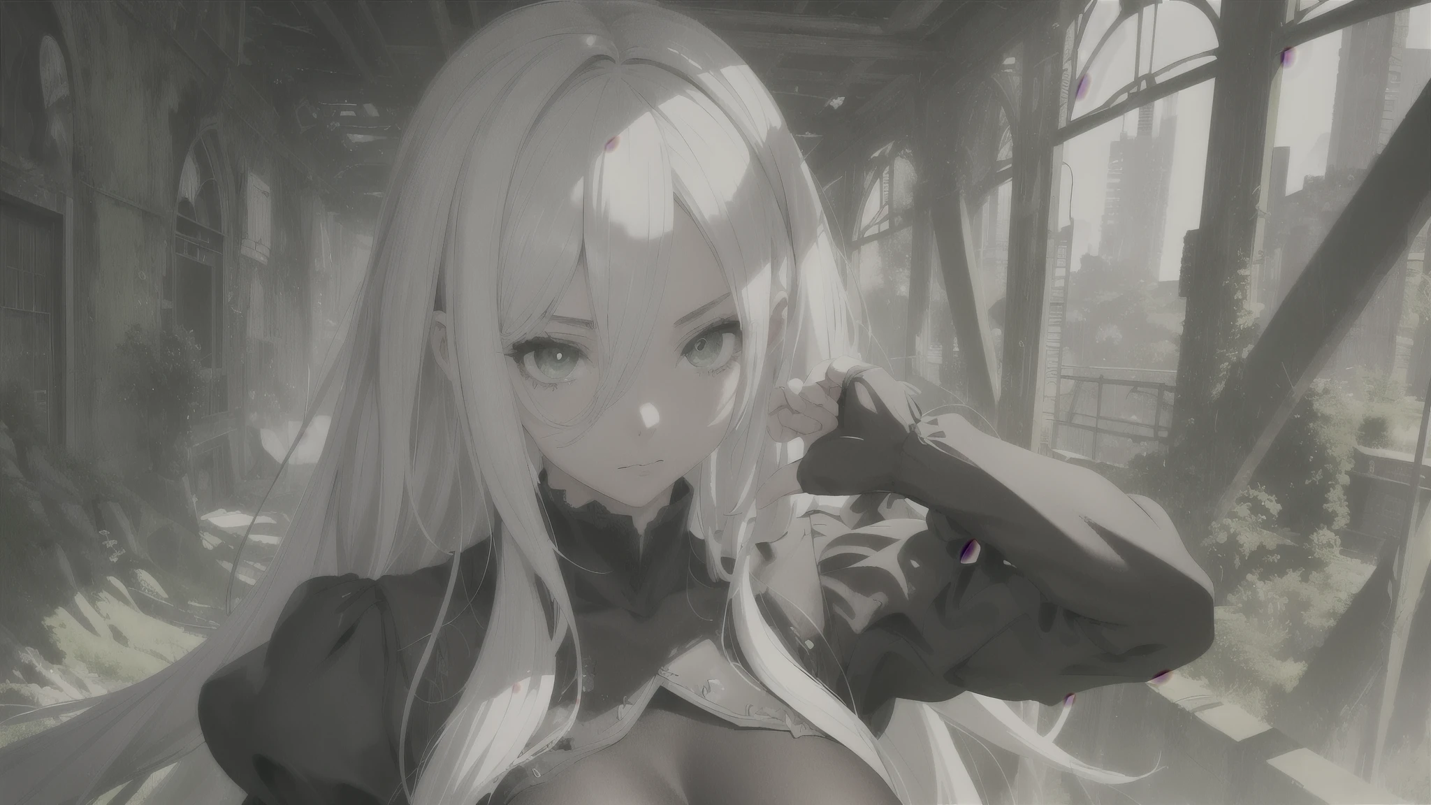 Anime girl with white hair and green eyes looking at camera , long hair、Anime CG arte suave, anime style. 8k, Hecho con Anime Painter Studio, Retrato realista kawaii, Render de una linda chica de anime , Retrato suave colorido, Anime estilizado、(fondo cuidad en ruinas con mucha vegetacion salvaje), (Calidad de imagen superior), (Fondo de pantalla 8k unificado CG ultrafino), (colorido:1.2), Sharp focus (full body camera shot), flat chest, black clothes nier automata clothes a2 type of body small
