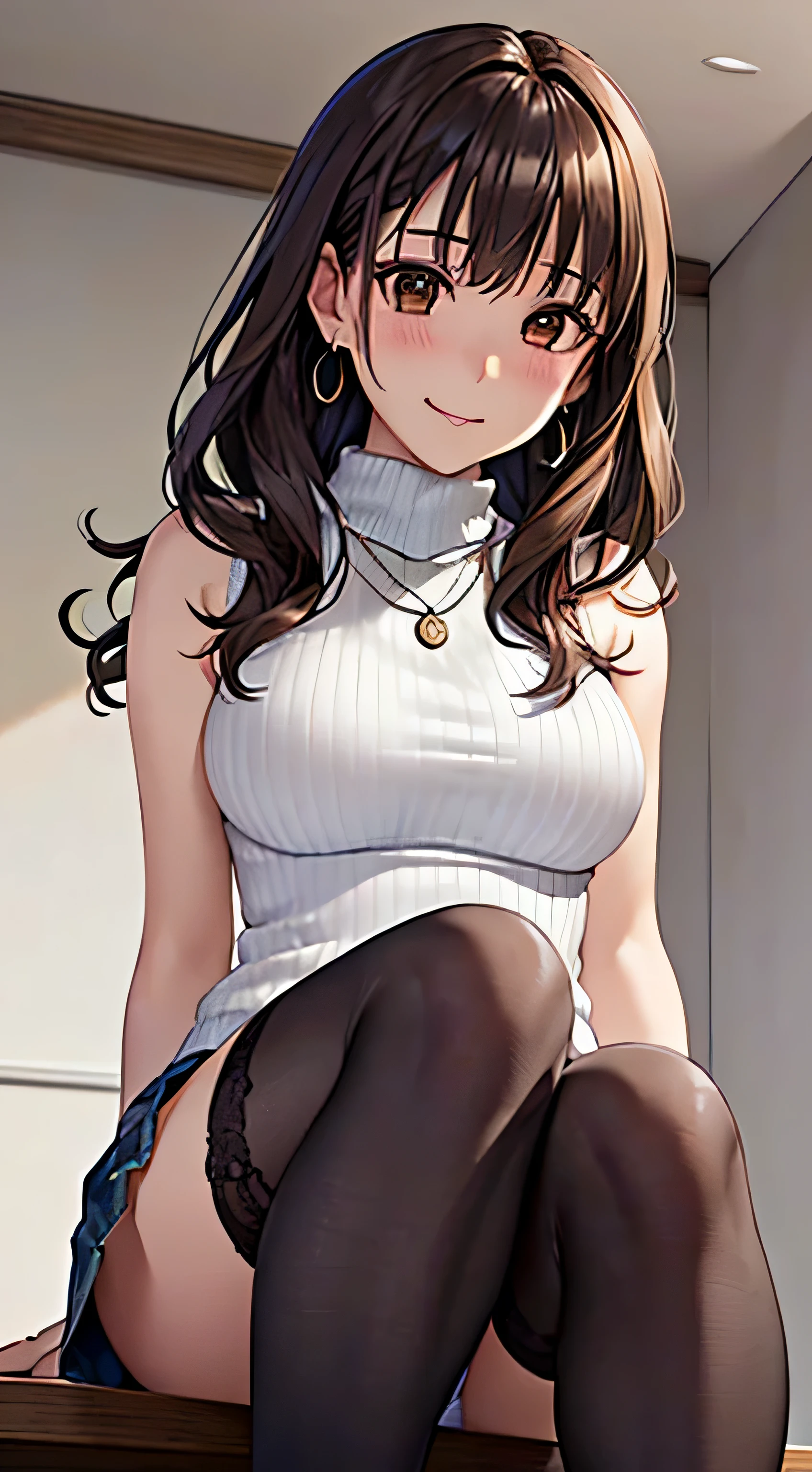 (table top, highest quality, High resolution, , perfect pixel, 4k,), 1 girl, single, alone, Beautiful woman、I could see the whole body、 ((wavy mid-length hair, bangs, brown hair)), ((brown eyes, beautiful eyelashes, realistic eyes)), ((detailed face, blush:1.2)), ((smooth texture:0.75, realistic texture:0.65, realistic:1.1, Anime CG style)), medium breasts, dynamic angle, perfect body, ((, female teacher, , earrings、necklace、Sleeveless Turtleneck Sweater、、black knee high stockings、((open both legs wide、open both knees))、Tight denim skirt、shy smile、Sitting at the pulpit、emphasize the chest)), Upper grade、、、evening、、(You can see the blue and white lace panties、、(、)、angle from below)、