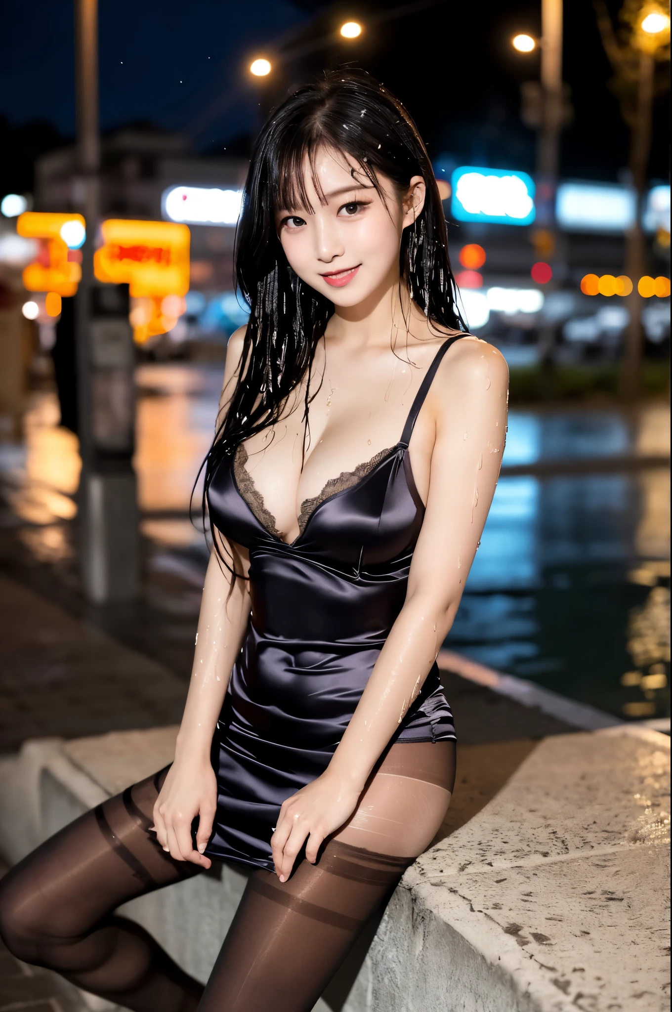 ulzzang-6500-v1.1, (Raw photo:1.2), (Photoreal), (genuine: 1.4), (super realistic pantyhose:1.3), woman,20-year-old,,city,night,(((Sexy silk dresses))),,open mouth smile(())(See-through),(()),((black hair)),blush、surprised face,((())),(())(wet with sweat)