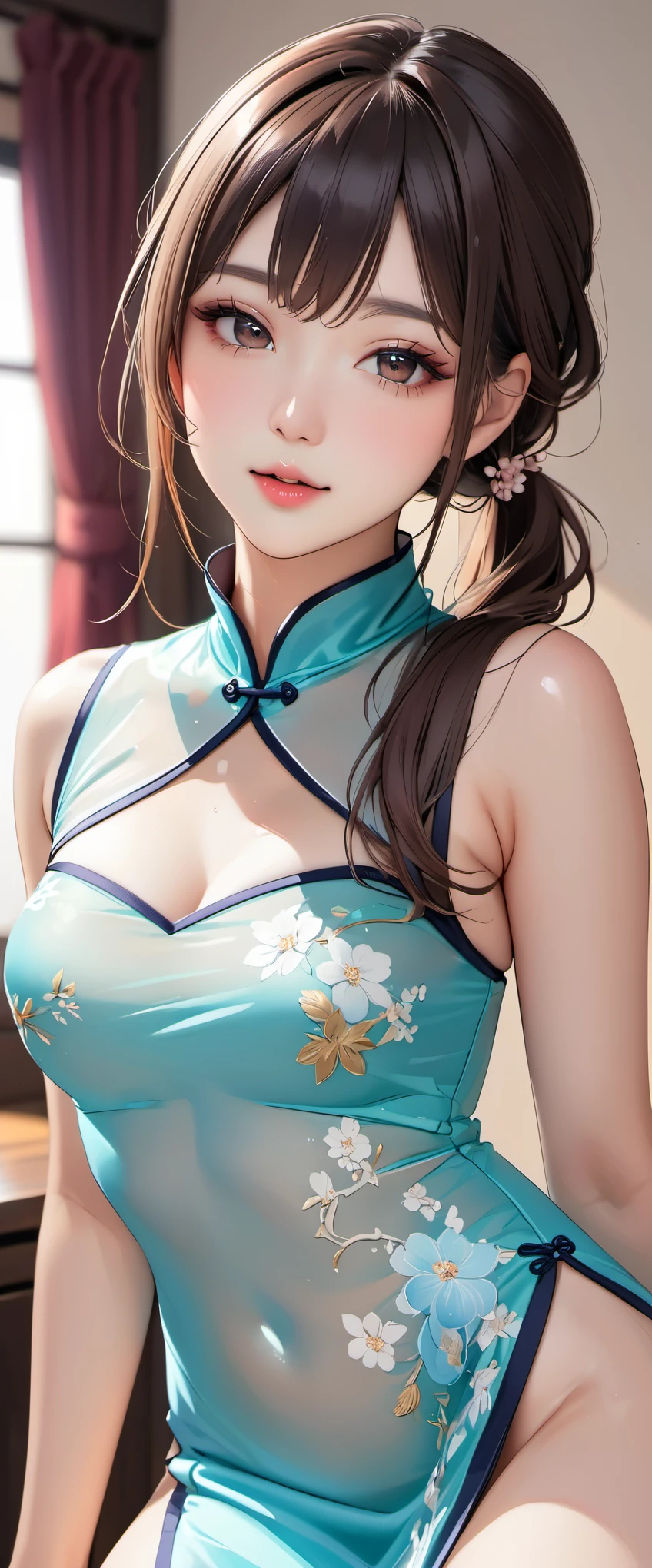 (masterpiece,highest quality,超A high resolution),japanese woman, (((Very beautiful 25 year old girl))), pretty girl、look at the photographer、 ((beautiful low ponytail)), super cute face, glossy lips, double eyelids in both eyes,natural smile、 natural makeup, long eyelashes, Shiny and smooth hair、center image, perfect limbs, perfect anatomy,(((China dress)))、((See-through)),wet with sweat,