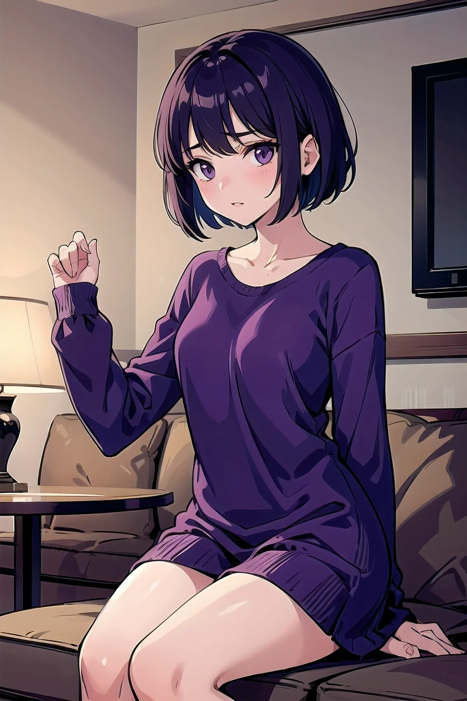 Adult tomboy with short hair, purple clothes , living room backdrop