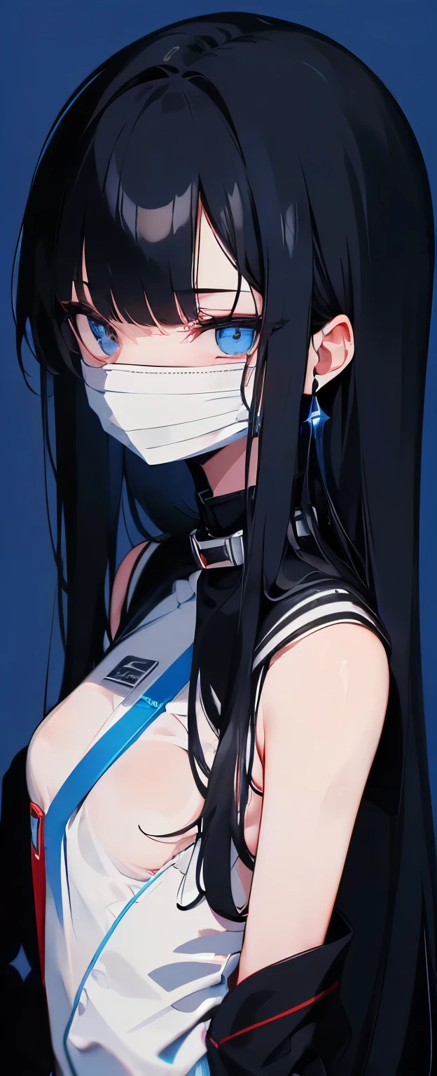 ((high school biology class girl : 1.1)), ((very long black hair : 1.2)), ((small breast : 1.2)), ((wearing medical mask : 1.1)), ((Wearing white doctor's gown over black: 1.2)), (short height : 1.3), ((deep blue eyes : 1.3)),,(eyes glazed over : 1.4), , ((Cherry tint on the lips : 1.2)), ((expressionless: 1.2)), ((skinny body : 1.3)), ((Detailed school biology lab background : 1.2))