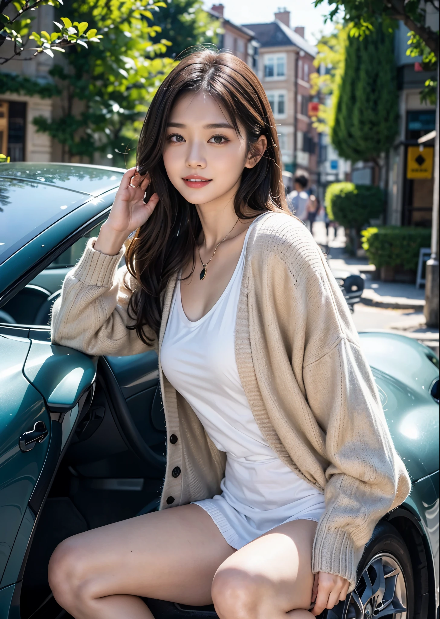 ((best quality, 8K, master piece:1.3)), concentrated:1.2, beautiful woman with perfect figure:1.4, cocked ass:1.2, ((exquisite long hair)),（long white legs：1.3） ，(cardigan knitwear:1.2) , (sports car, street: 1.2), Highly detailed face and skin texture, detailed eye, double eyelid，whiten skin，A big smile，wear a necklace，gyuru