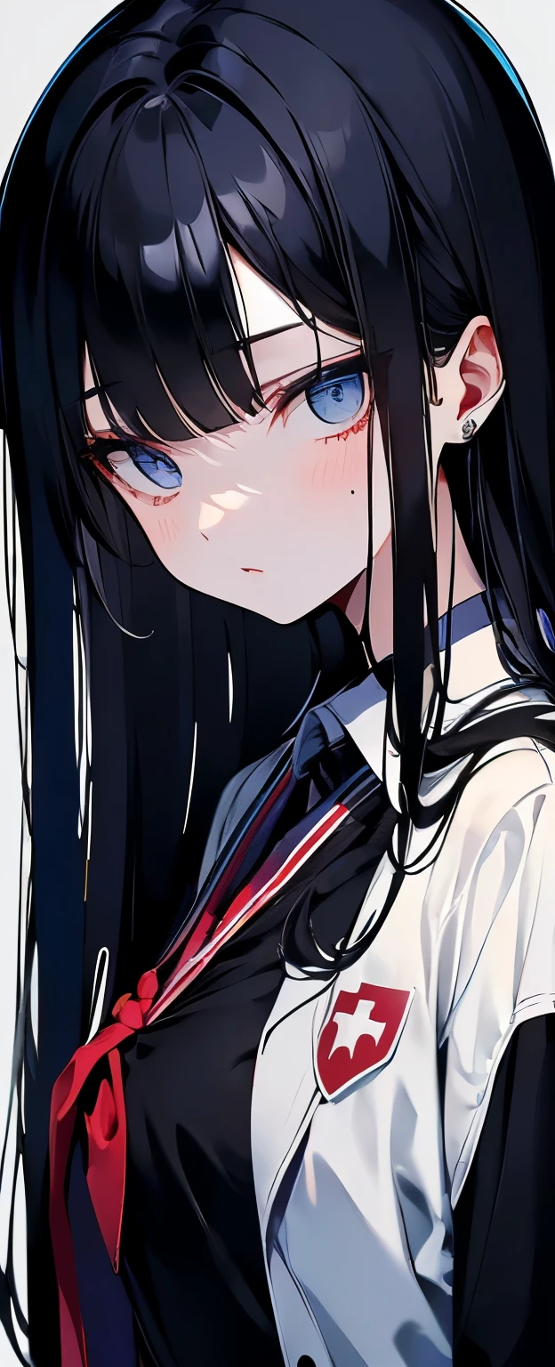 ((high school biology class girl : 1.1)), ((very long black hair : 1.2)), ((small breast : 1.2)), ((wearing medical mask : 1.1)), ((Wearing a white doctor&#39;s gown over a black school uniform: 1.2)), (short height : 1.3), ((deep blue eyes : 1.3)),,(eyes glazed over : 1.4), , ((Cherry tint on the lips : 1.2)), ((expressionless: 1.2)),  ((skinny body : 1.3)), ((Detailed school biology lab background : 1.2)), 