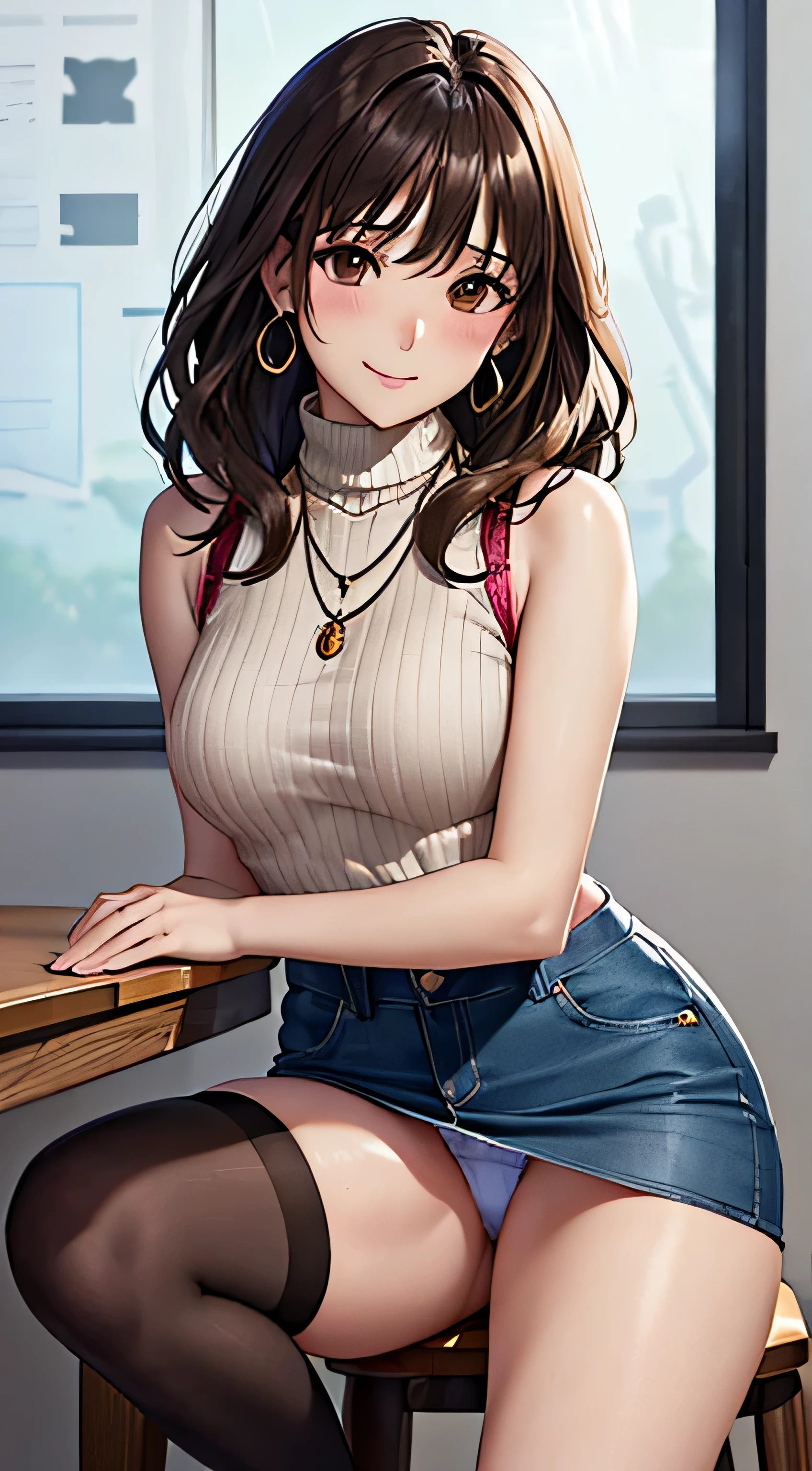 (table top, highest quality, High resolution, , perfect pixel, 4k,), 1 girl, single, alone, Beautiful woman、I could see the whole body、 ((wavy mid-length hair, bangs, brown hair)), ((brown eyes, beautiful eyelashes, realistic eyes)), ((detailed face, blush:1.2)), ((smooth texture:0.75, realistic texture:0.65, realistic:1.1, Anime CG style)), medium breasts, dynamic angle, perfect body, ((, female teacher, , earrings、necklace、Sleeveless Turtleneck Sweater、、black knee high stockings、((open both legs wide、open both knees))、Tight denim skirt、shy smile、Sitting at the pulpit、emphasize the chest)), 、、、evening、、(You can see the blue and white lace panties、、(、)、)、