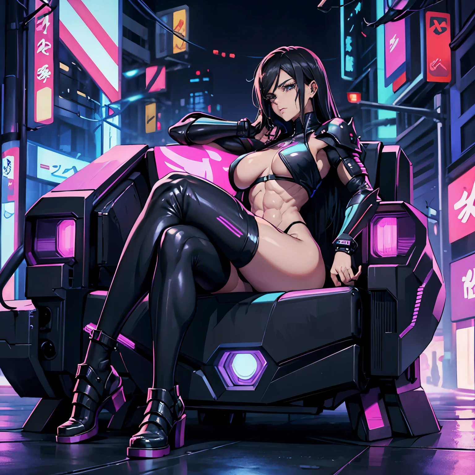 (cyberpunk waifu), sitting on giant cyber throne, future, (full body), (high resolution), (high res), great quality, mature, perfect eyes, strong shadows, naked, detailed face, detailed abs, direct light, under light, strong jaw, (lewd armor), massive ass, neon lights, thick thighs, long torso, wide waist, skinny torso, fit, perfect face, neon light, (skimpy armor), (colorful vibrant light),