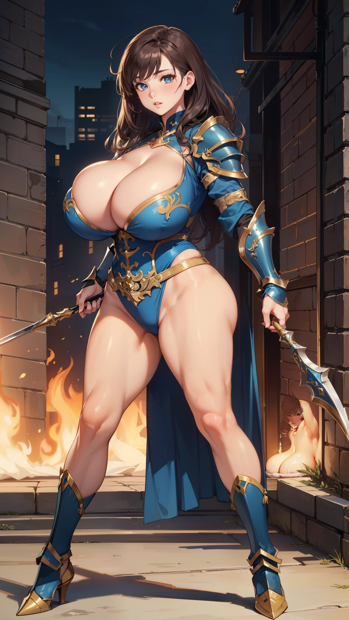 (masterpiece:1.2, highest quality), realistic, (real picture, intricate details, Depth of the bounds written), (1 girl, alone), (wearing battle armor:1.4), compensate, parted lips, very detailed, gorgeous perfect face, (huge breasts:1.8), (skin dents), Average Waist, expensive, luscious lips, (voluminous brunette hair) ,beautiful hazel blue eyes, sexy, blush, ( seducer) sensual, crooked, (fascinating dynamic pose) (saggy breasts), (deep cleavage) city, full body shot, Strong legs, Strong lower body, Strong calves, big ass, Rich waist circumference,mature woman, mature woman, Mother, plump body, Chubby,plus size model,