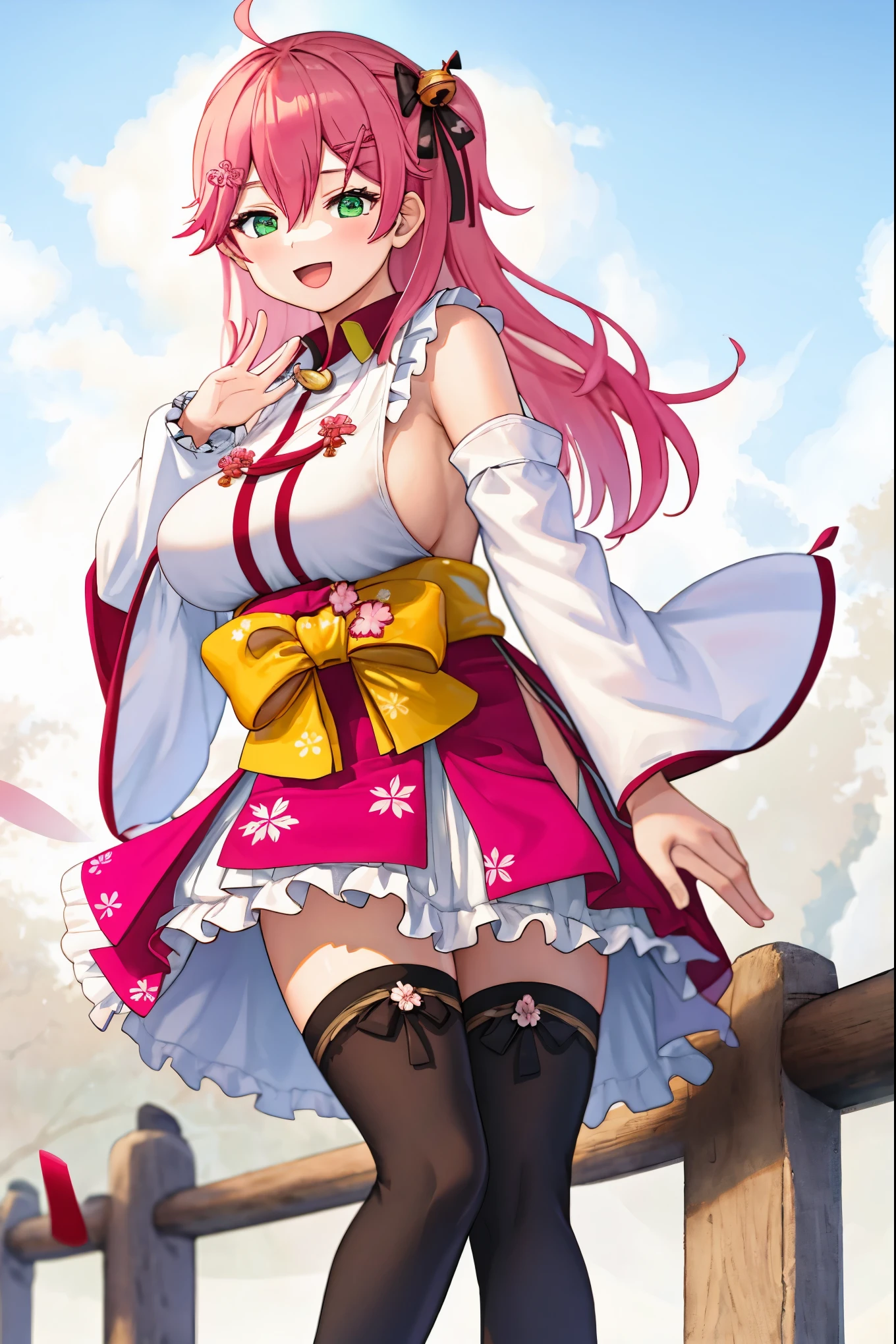 masterpiece, best quality, highres, miko1, sakura_miko, 1girl, green eyes, solo, ahoge, x_hair_ornament, pink_hair, floral print, hairclip,side_less_clothes, (sideboobs:1.4), hair_bell, floral print, long_hair, hair between eyes, one side up, white thighhighs, asymmetrical legwear, wide sleeves, open_mouth,happy,close_eyes, smile,jumping,rising_leg,plump,apart_legs,(overly_long_sleeves:1.1),(beautiful_fingers),sleeves_past_wrists,hands_hidden_sleeves,Japanese_park_background,