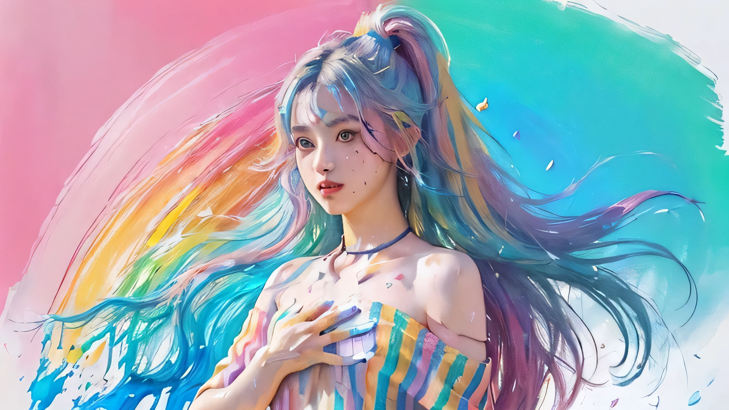 (pink fashion t-shirt:1.9),(colorfulな髪: 1.8), (all the colors of the rainbow: 1.8),(((((vertical painting:1.6))), (painting:1.6),front, comics, shapes, paintings, Big eyes, clear eyes,( Rainbow color gradation high ponytail:1.7), exquisite makeup, closed mouth,(small fresh: 1.5),(wipe chest: 1.6) ,long eyelashes, white off shoulder t-shirt, white shoulder shirt,looking at the audience, big teary eyes, (rainbow colored hair:1.6), カラーsplash, (alone:1.8), カラーsplash, explosion of colors, thick paint style, messy lines, ((shining)),(colorful), (colorful), (colorful), colorful, Thick paint Style, (splash) (Color splash), Vertical painting, Upper body, paint splash, acrylic pigment, slope, paint, best image quality, highest quality, masterpiece, alone, written boundary depth, Face paint, colorful clothes, (elegant: 1.2), nice,long hair, Wind, (elegant: 1.3), (petal: 1.4),(((masterpiece))),(((highest quality))),((Super detailed)),(shape),(dynamic angle),((floating)),(paint),((messy hair)),(alone),(1 girl) , (((Detailed anima face))),((Beautiful and dense face)),collar,bare shoulders,gray hair, ((colorful hair)),((striped hair)),fine and beautiful eyes,(slope color eyes),(((colorful eyes))),(((colorful background))),(((high color saturation))),(((surrounded by colorful splashes))),