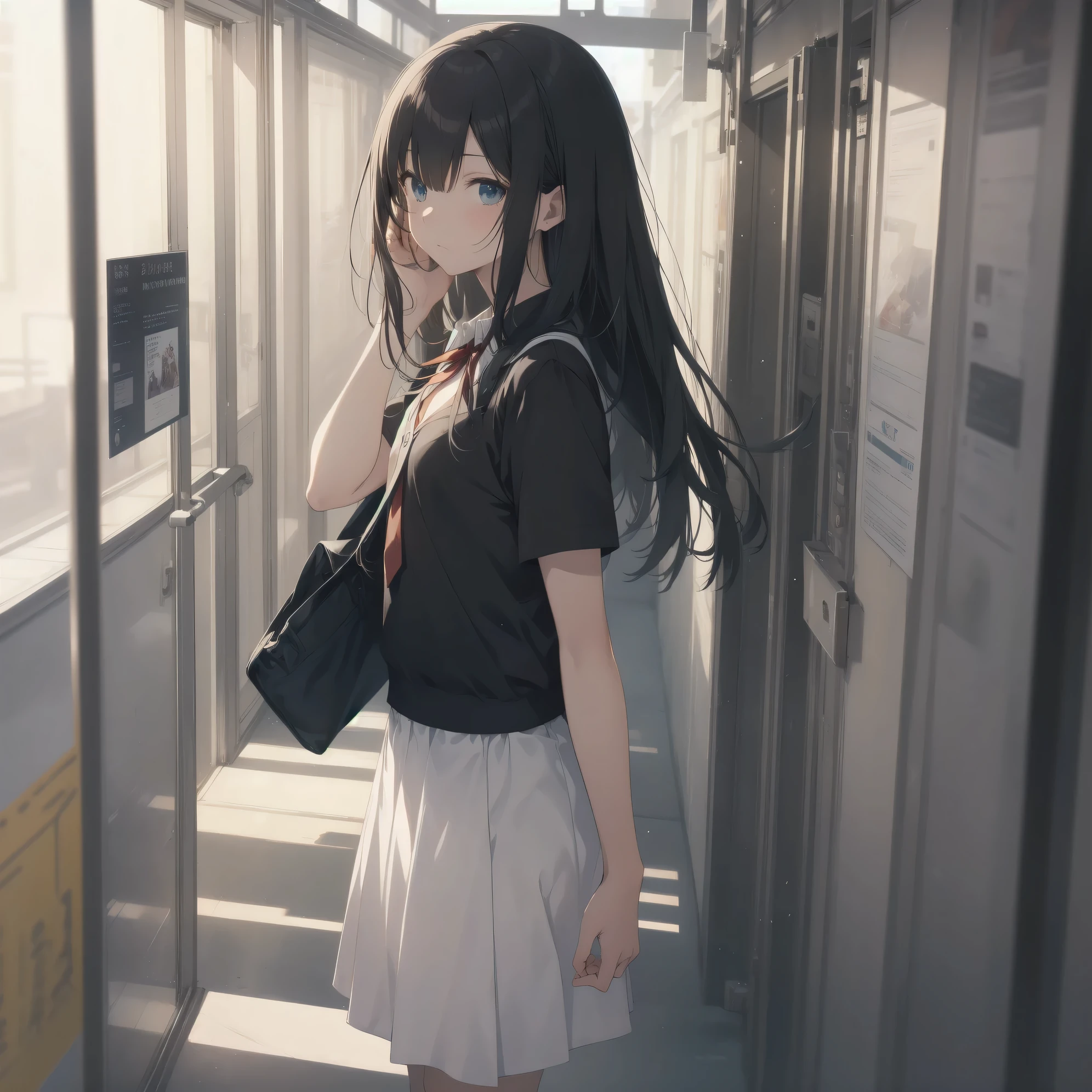 Super Absurd - Top Quality from the God of Art, Super detailed, High resolution, anime moe art style, best anime 8K konachan wallpaper, Pixiv contest winners, perfect anatomy,break, (眠そうにalone学校へ行く女の子を描いてください. )break,1 girl, (alone,little woman, :1.3),All limbs, full finger,, The charm of an immature body, (very_short hair), shortcut, Bang, flat chest, small ass, between legs, small black eyes, detailed and beautiful eyes, Well-proportioned iris and pupils, expressive eyes, High resolutionの詳細な髪, neck ribbon, shirt, collared shirt, skirt, pleated skirt, , (detailed lighting), (detailed background), On the way to school. break,super dense skin, Best cinematic lighting powered by famous artist, 8K,Beauty Illustration,photoshop_(Moderate),Absurd Hi-Res,UHD,rough skin,break,((artist:Fujiyama)), artist:Fujichoko,artist:Yamamoto_Soichiro,artist:hanekoto