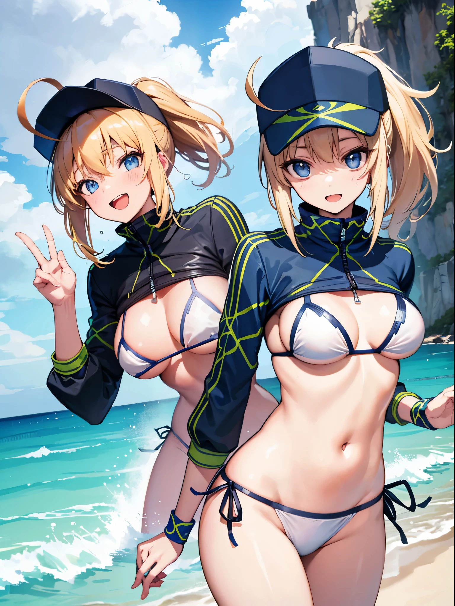 masterpiece,(ultra-detailed),1girl, mysterious heroine xx \(fate\), half_eyes,smile,open mouth, swimsuit, white bikini, side-tie bikini bottom, shrug \(clothing\), jacket,  thigh strap, wristband,  large_breasts, ocean, splashing,blonde_ponytail,open_legs,cap,happiness,