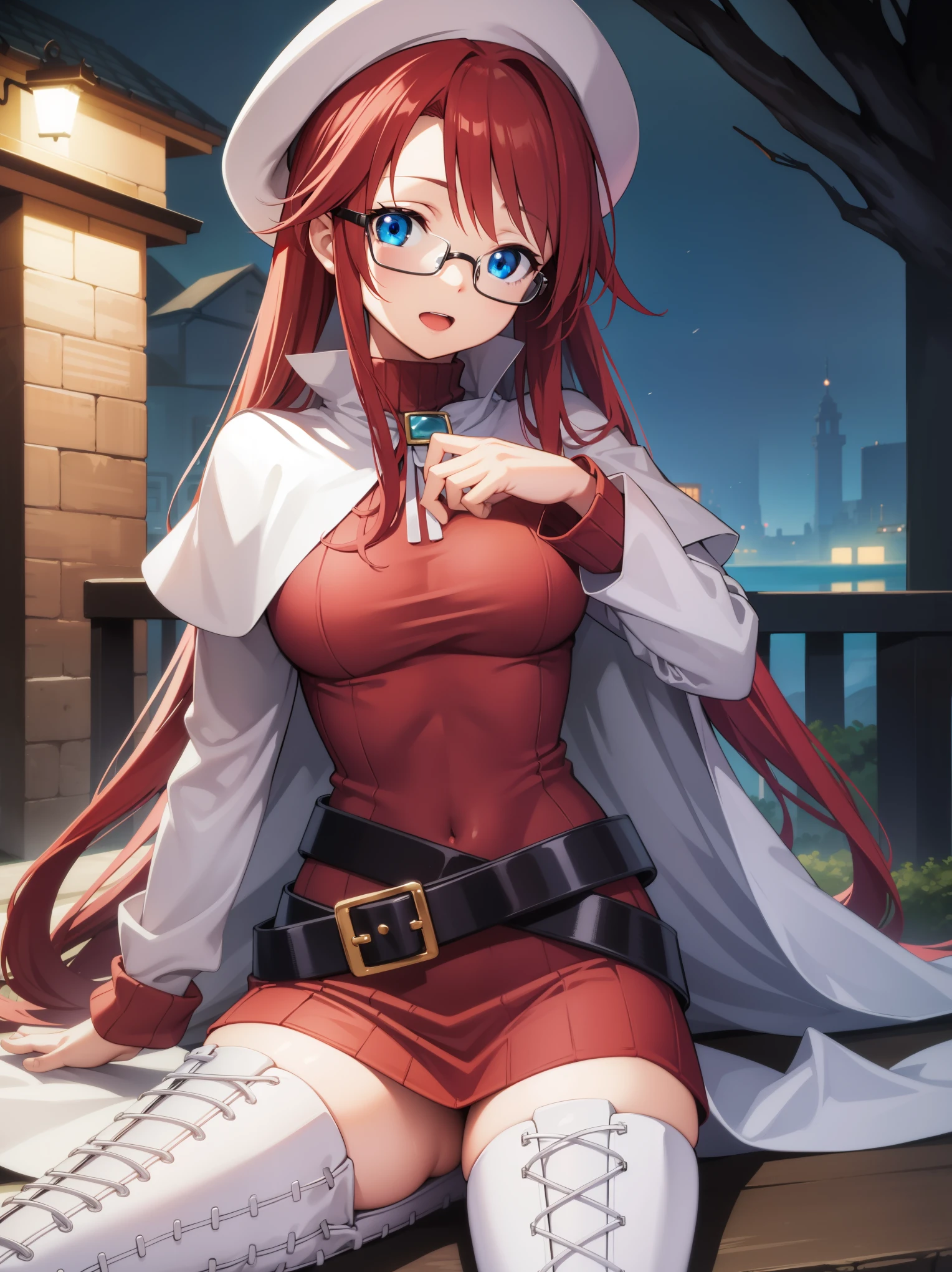 summonnightaty, aty, long hair, blue eyes, red hair, beret, hat, glasses,
BREAK long hair, thighhighs, hat, dress, boots, glasses, belt, cape, sweater, zettai ryouiki, beret, thigh boots, white footwear, ribbed sweater, loose belt,solo,
BREAK outdoors, fantasy_town,
BREAK (masterpiece:1.2), best quality, high resolution, unity 8k wallpaper, (illustration:0.8), (beautiful detailed eyes:1.6), extremely detailed face, perfect lighting, extremely detailed CG, (perfect hands, perfect anatomy),covered_nipples,covered_navel,light_smile ,walking,(half_eyes:1.2),light_open_mouth,sword,armpit,sleepy,sitting_on_the_barrel,barrel,red_sweater,