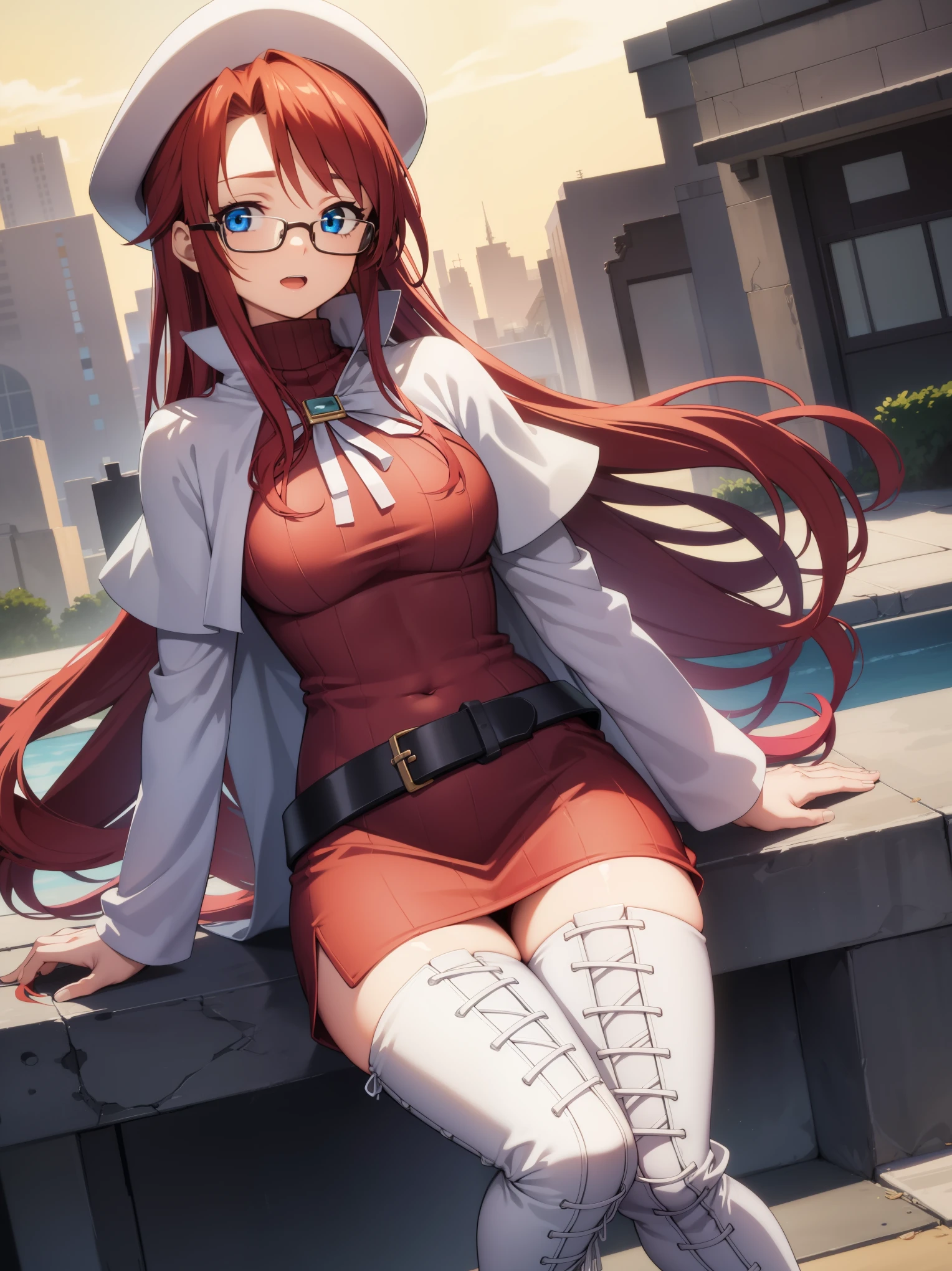 summonnightaty, aty, long hair, blue eyes, red hair, beret, hat, glasses,
BREAK long hair, thighhighs, hat, dress, boots, glasses, belt, cape, sweater, zettai ryouiki, beret, thigh boots, white footwear, ribbed sweater, loose belt,solo,
BREAK outdoors, fantasy_town,
BREAK (masterpiece:1.2), best quality, high resolution, unity 8k wallpaper, (illustration:0.8), (beautiful detailed eyes:1.6), extremely detailed face, perfect lighting, extremely detailed CG, (perfect hands, perfect anatomy),covered_nipples,covered_navel,light_smile ,walking,(half_eyes:1.2),light_open_mouth,sword,armpit,sleepy,sitting_on_the_barrel,barrel,red_sweater,