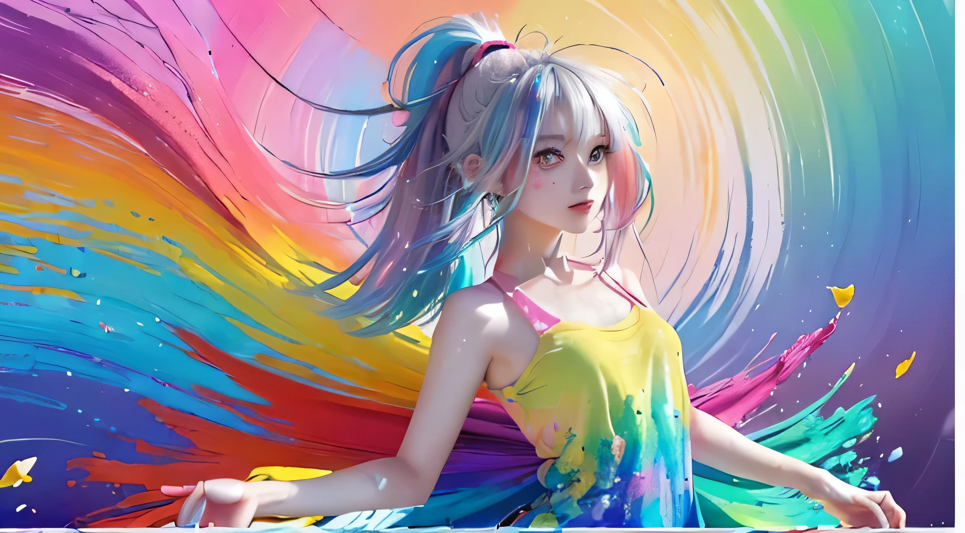 （pink fashion t-shirt：1.9），(colorfulな髪: 1.8), (all the colors of the rainbow: 1.8),(((((vertical painting：1.6))), （painting：1.6），front, comics, shapes, paintings, Big eyes, clear eyes,（ Rainbow color gradation high ponytail：1.7）, exquisite makeup, closed mouth,(small fresh: 1.5),(wipe chest: 1.6) ，long eyelashes, white off shoulder t-shirt,  white shoulder shirt，looking at the audience, big teary eyes, (rainbow colored hair：1.6), カラーsplash, （alone：1.8）, カラーsplash, explosion of colors, thick paint style, messy lines, ((shining))，(colorful), (colorful), (colorful), colorful, Thick paint Style, (splash) (Color splash), Vertical painting, Upper body, paint splash, acrylic pigment, slope, paint, best image quality, highest quality, masterpiece, alone, written boundary depth, Face paint,  colorful clothes, (elegant: 1.2), nice,long hair, Wind, (elegant: 1.3), (petal: 1.4)，(((masterpiece))),(((highest quality))),((Super detailed)),(shape),(dynamic angle),((floating)),(paint),((messy hair)),(alone),(1 girl) , (((Detailed anima face))),((Beautiful and dense face)),collar,bare shoulders,gray hair, ((colorful hair)),((striped hair)),fine and beautiful eyes,(slope color eyes),(((colorful eyes))),(((colorful background))),(((high color saturation))),(((surrounded by colorful splashes))),